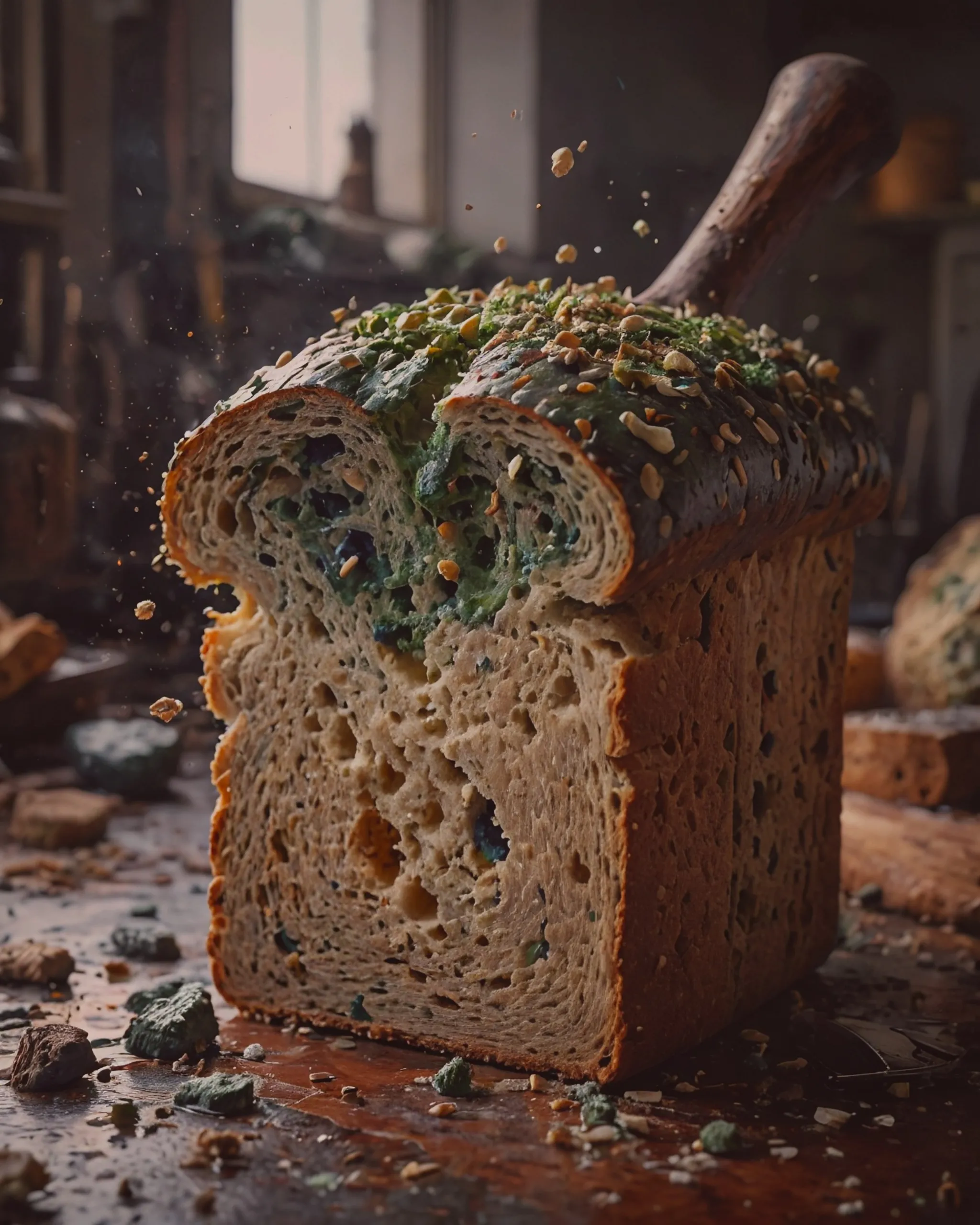 a loaf of green moldy bread being smashed in tiny little pieces with an absurdly large hammer. done in the style of Carrivaggio
