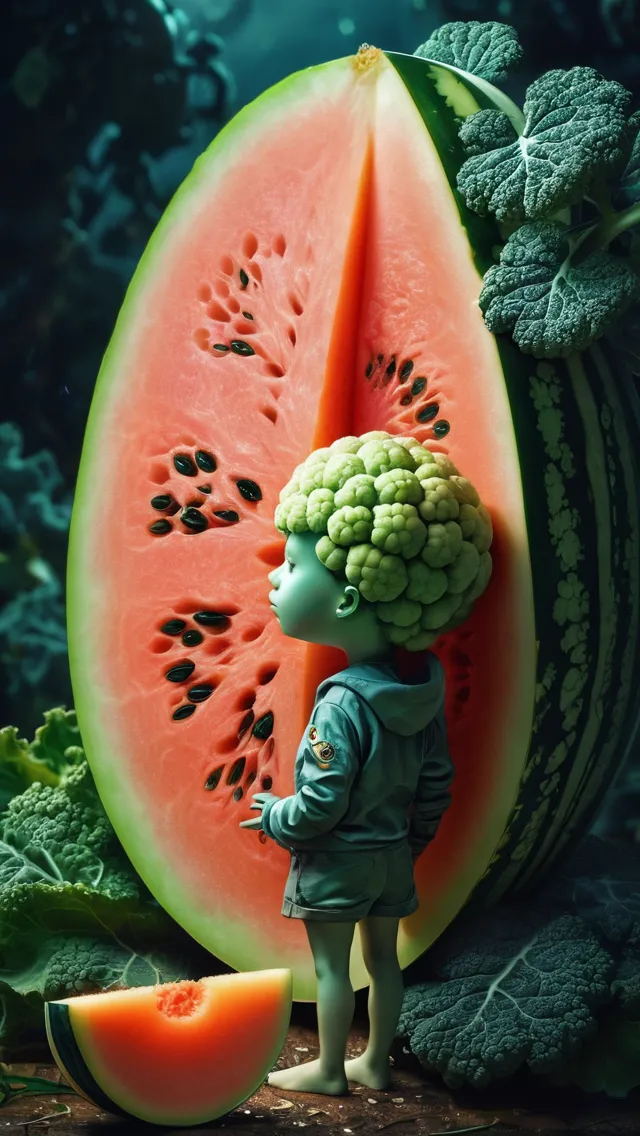 stunning image of a cute adorable melon slice and a cauliflower, sad, moody, grainy, noisy, concept art, by Alberto Seveso, Cyril Rolando, Dan Mumford, Meaningful Visual Art, Detailed Painting, Digital Illustration, Unreal Engine 5, 32k maximalist, hyperdetailed fantasy art, 3d digital art, sharp focus, masterpiece, fine art