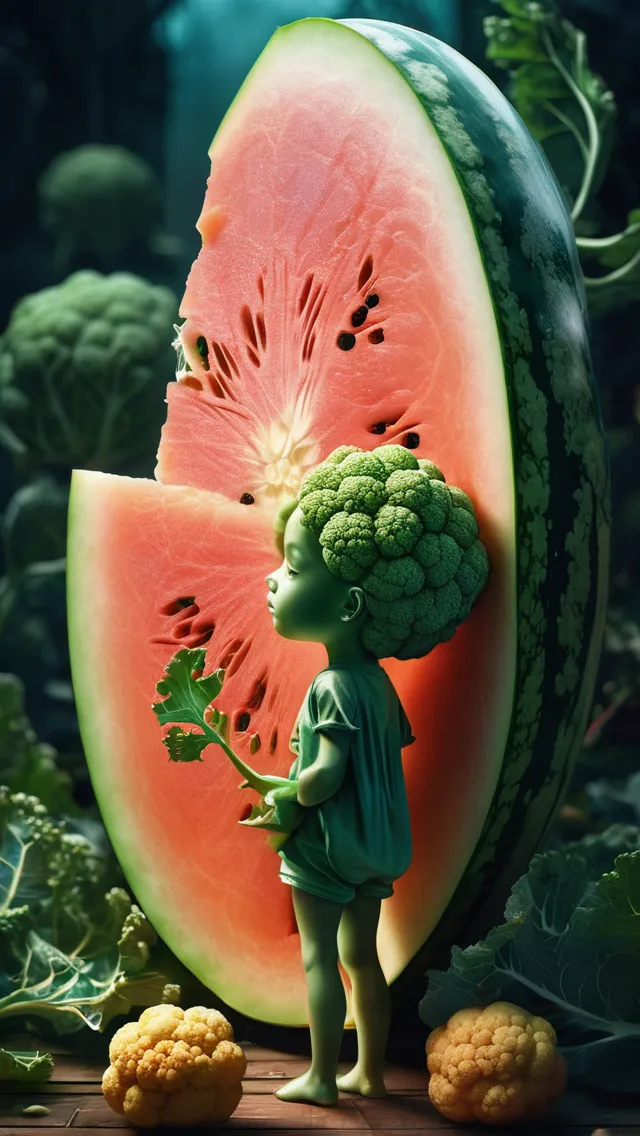 stunning image of a cute adorable melon slice and a cauliflower, sad, moody, grainy, noisy, concept art, by Alberto Seveso, Cyril Rolando, Dan Mumford, Meaningful Visual Art, Detailed Painting, Digital Illustration, Unreal Engine 5, 32k maximalist, hyperdetailed fantasy art, 3d digital art, sharp focus, masterpiece, fine art