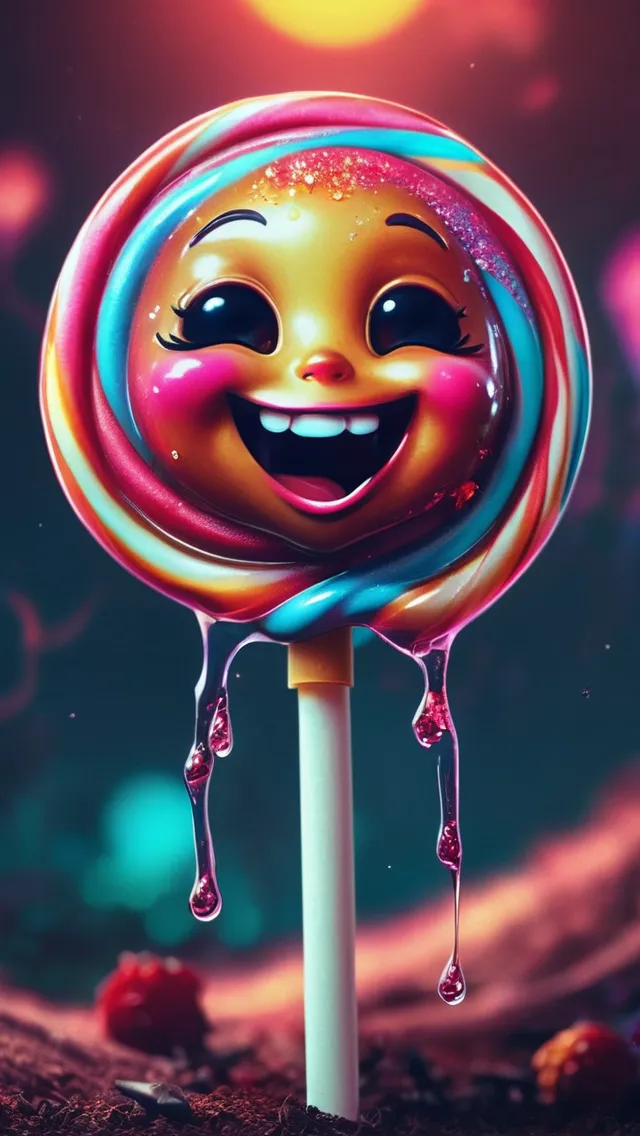 stunning image of a cute adorable lollipop laughing, moody, grainy, noisy, concept art, by Alberto Seveso, Cyril Rolando, Dan Mumford, Meaningful Visual Art, Detailed Painting, Digital Illustration, Unreal Engine 5, 32k maximalist, hyperdetailed fantasy art, 3d digital art, sharp focus, masterpiece, fine art