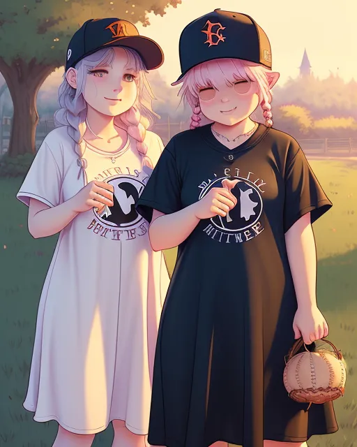 Happy fat girl in a sundress holding hands with a shy tomboy in a jersey tee and baseball hat