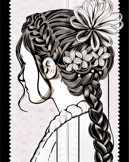 Micro fine line pen drawing of braided hair adorned in small flowers.   Intricately detailed with black ink.  Filled in and shading with bold bright colors. Schematics