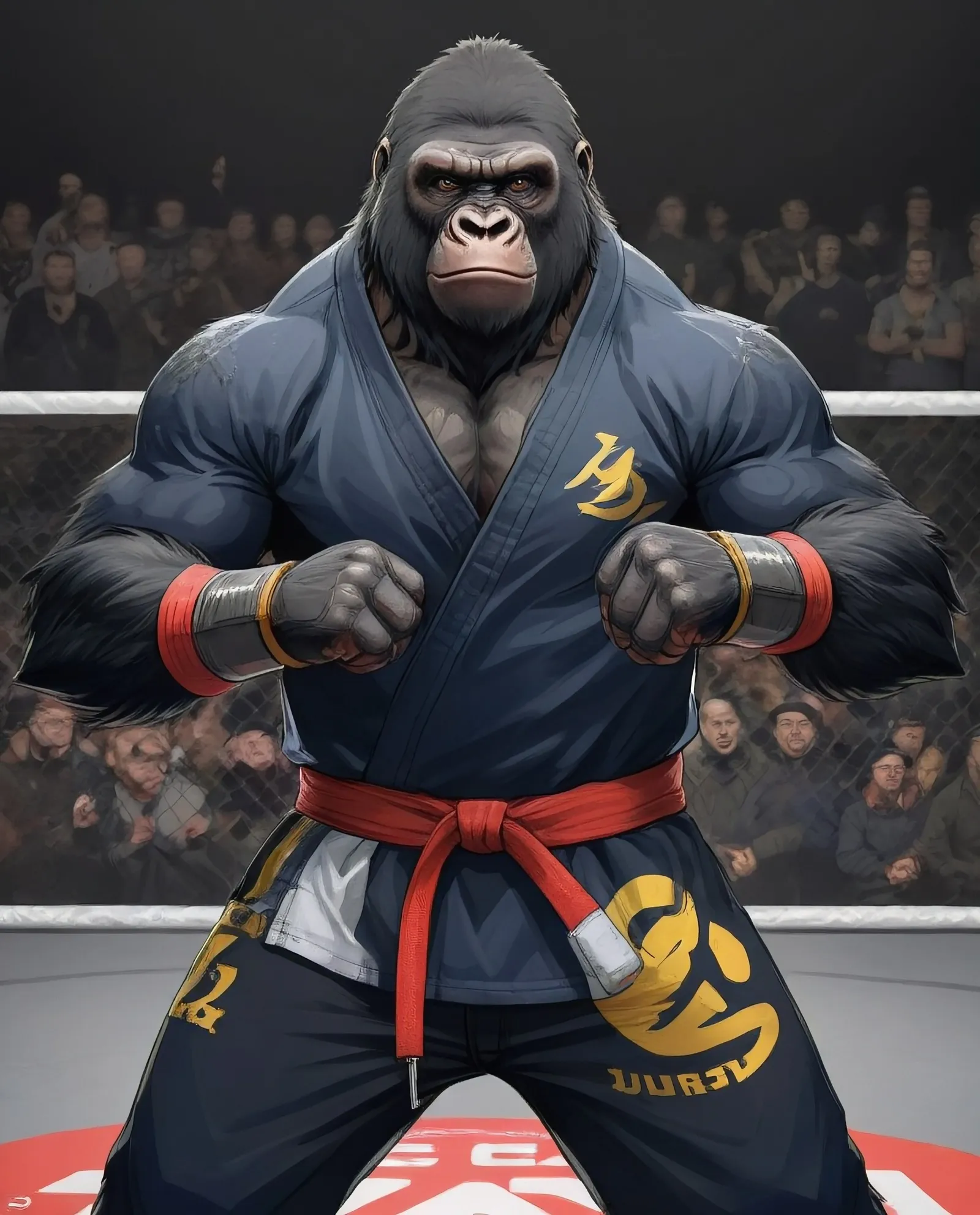 A crow, wearing a jujutsu Gi and a gorilla in an MMA outfit ready to fight￼￼