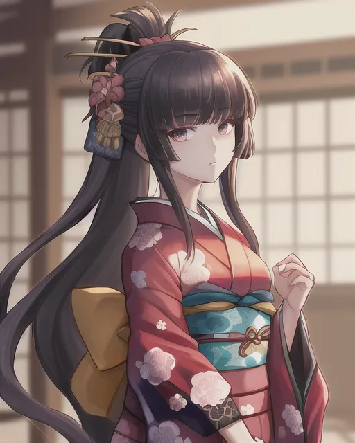 A noble girl with bkack hair wearing a kimono