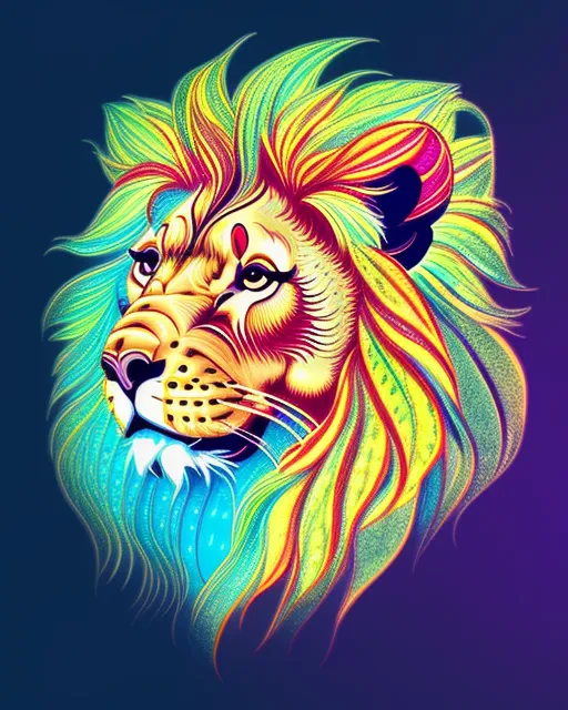 Micro fine line colored pen art of a lion with a beautiful mane surrounded by a cascade of bright colorful feathers.  Intricately detailed.  Psychedelic.  Rainbow colored
