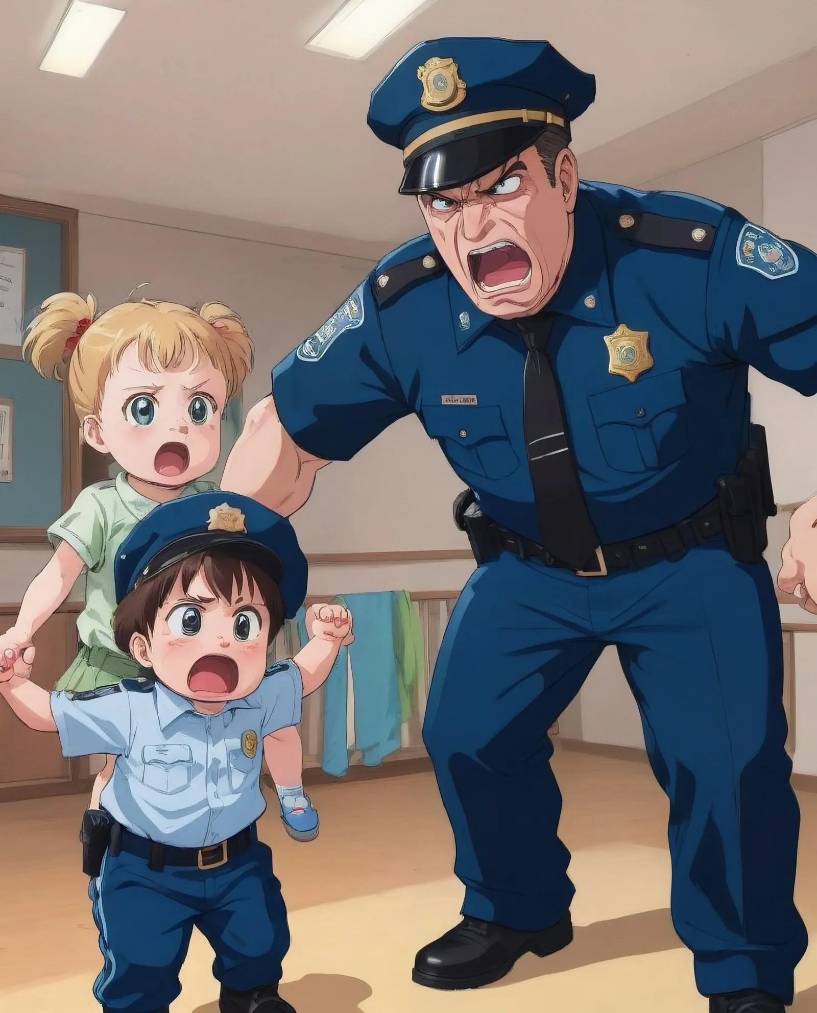 Angry cop yelling at a crying toddler boy and girl , shame 