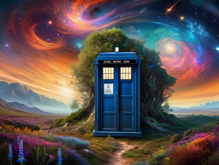 A narrative scene involving (a time traveler standing by the Tardis from Dr. Who) unfolds in a beautiful and visually aesthetic cosmic landcape.  HD  Complimentary colors.  Blended brushstrokes.  Oil paint.  Intricately detailed.  In the style of Alexander jansson, Cameron gray, the hubble telescope.   Hyperealistic.  Starry expanse.  Colorful.  National geographic.  Lush colorful exotic vegetation.