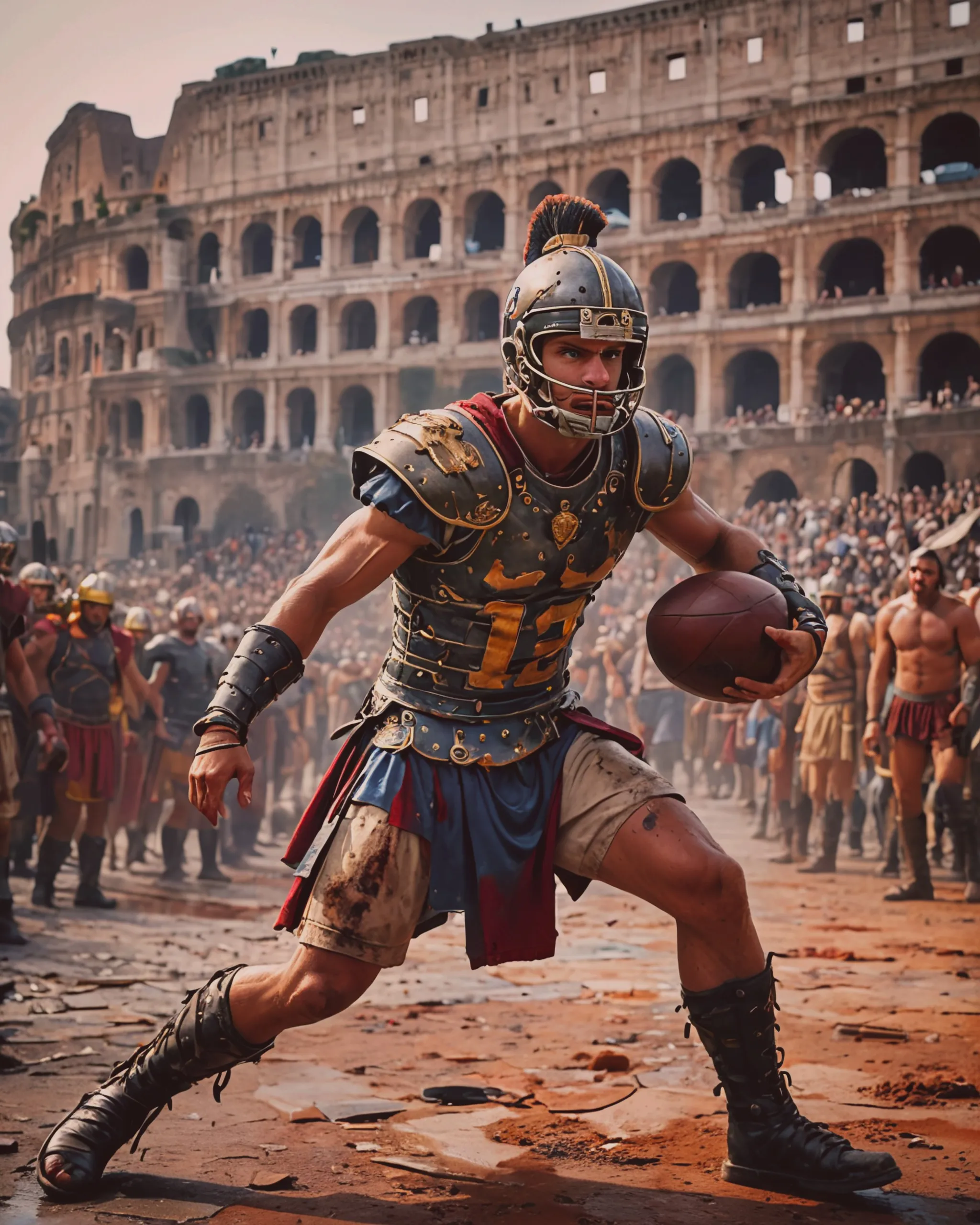 A modern American football player in a gladiator fight. 