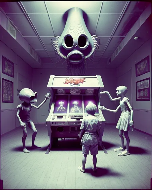 90s arcade with kids playing Street Fighter., post-apocalyptic, john kenn mortensen, seb mckinnon, futuristic, anthony van dyck