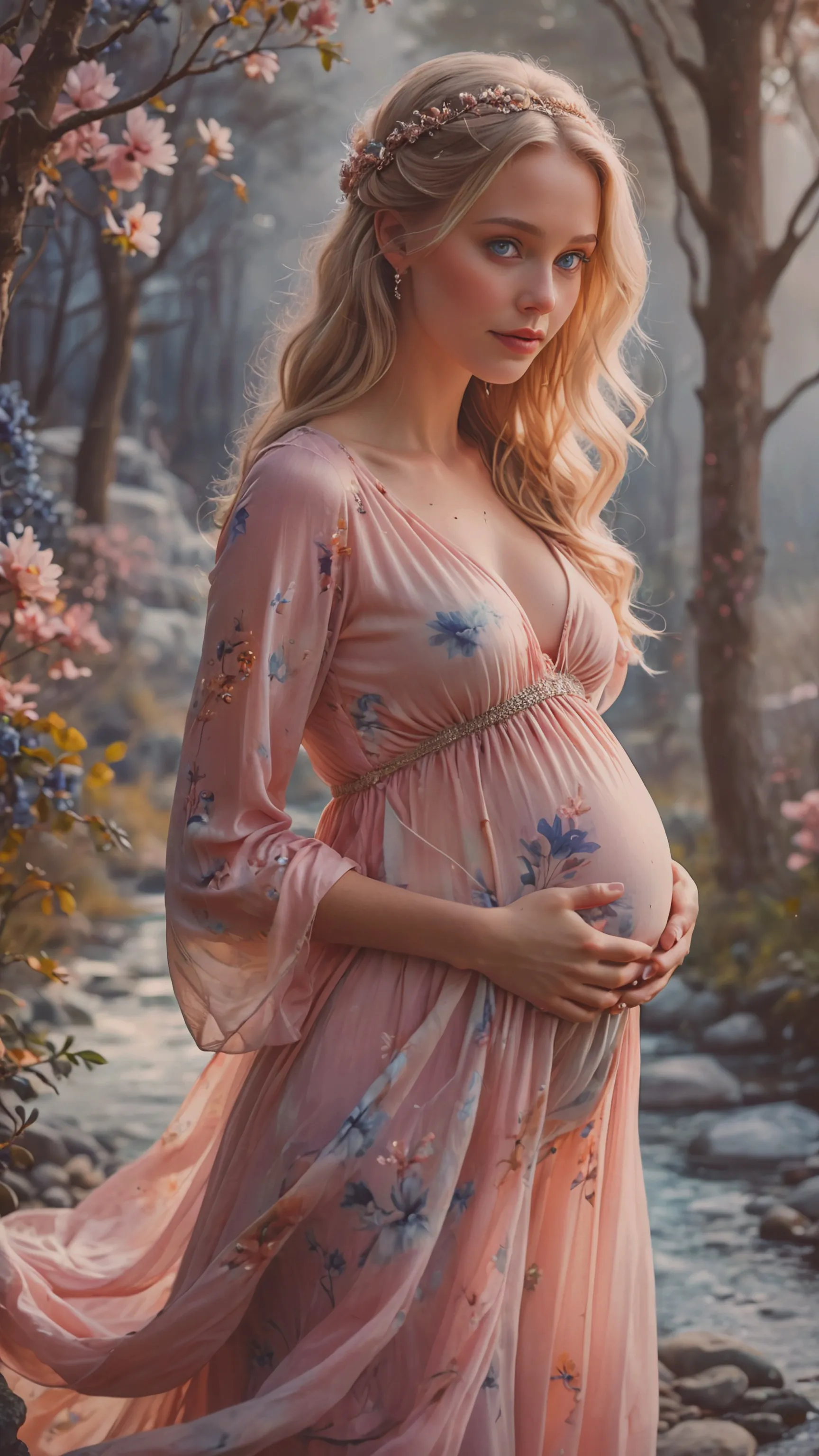 Create a woman of Nordic descent (30 years old, blue eyes, chic maternity dress in light and soft pink pastel colors, blonde loose romantic updo, full Body) smiling happily and showing a strong connection to her baby bump (5 months old), beautiful, natural, realistic, colorful beautiful, tumblr aesthetic, hd photography, hyperrealism, tiny Details, hyperdetailed, photorealistic, ultra hd