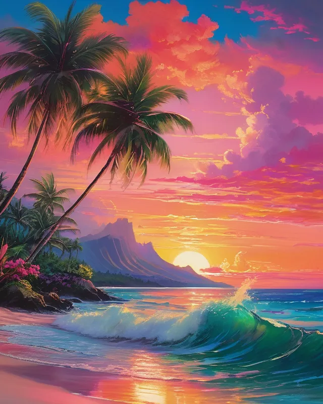 Hawaiian paradise islands, crystal clear water, palm trees, lush green plants, perfect sandy beaches, stunning and vivid orange and pink sunset, fluffy pink clouds, Attention to shading and lighting.  Influences of Alois Arneggar, Aleksey Savrasov, and Satoru Takizawa are evident in this image.  Lisa Frank Color scheme.  Impasto