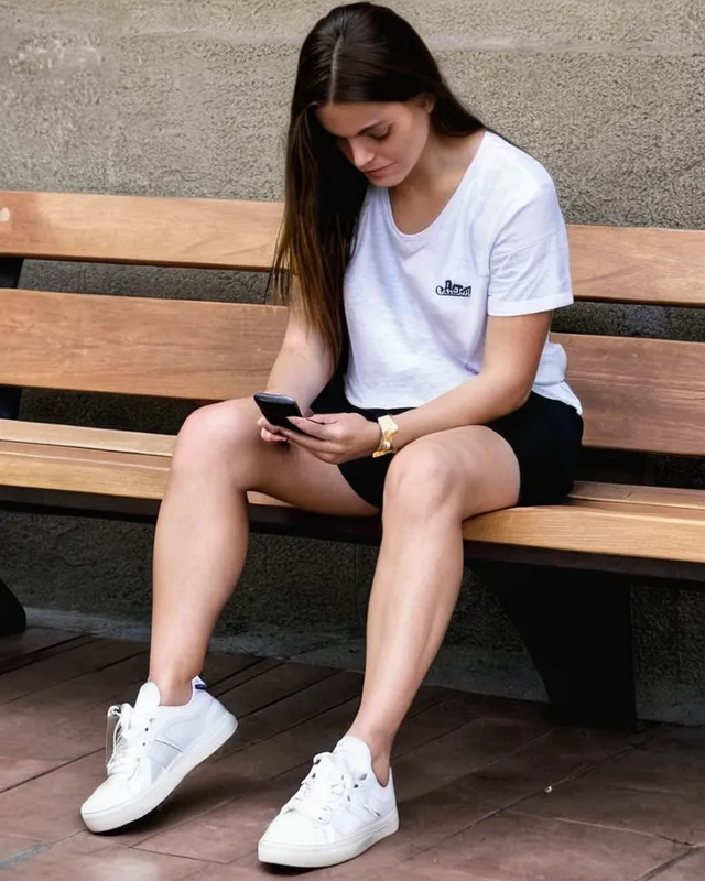 a woman sitting on a bench using - Free AI Photo Generator - starryai
