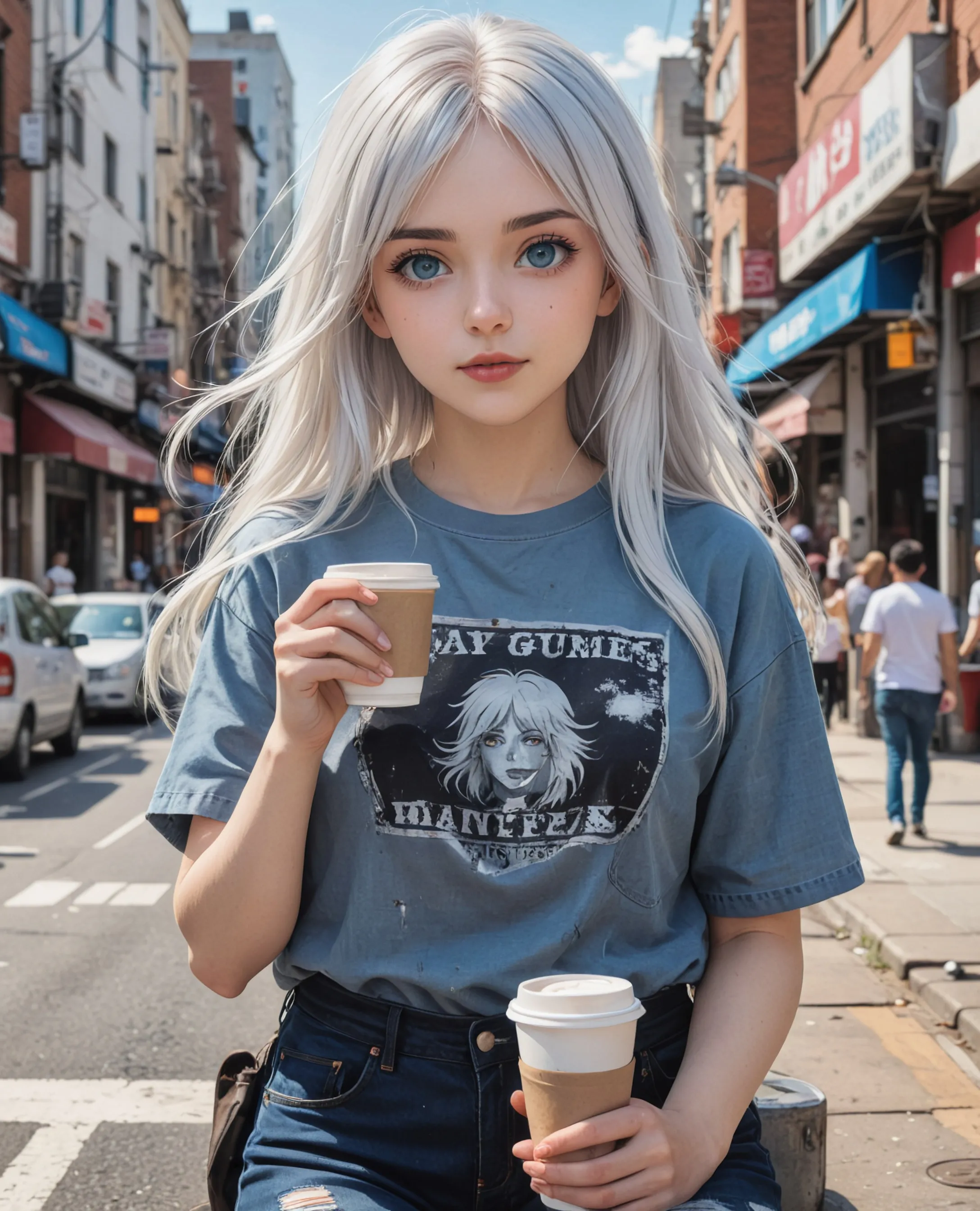 Girl with white hair and blue yes in casual clothing