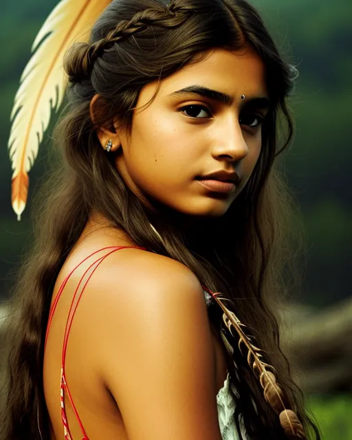 Character model portrait of beautiful young Indian woman, with feathers, long hair, epic lighting