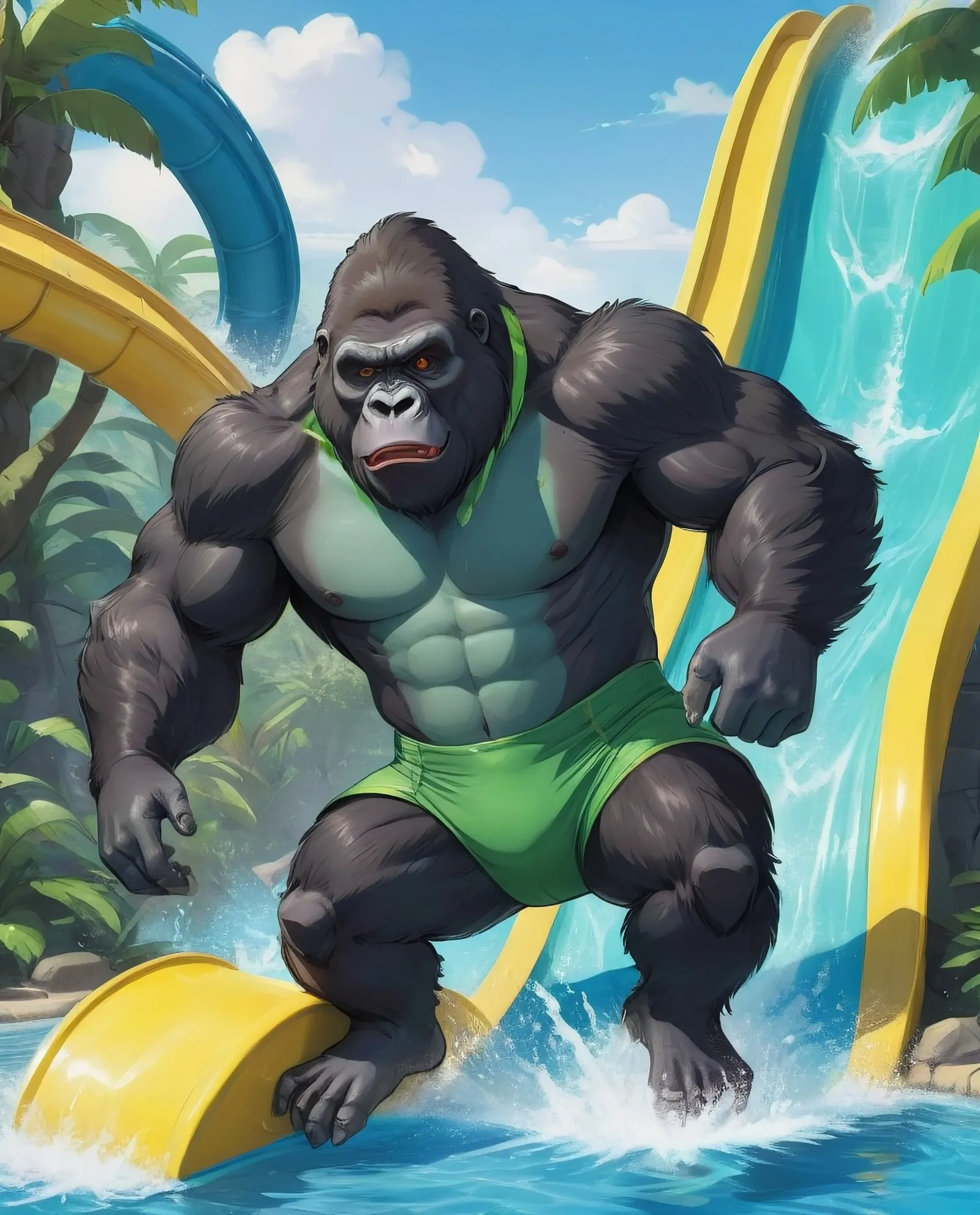 An anthropomorphic male gorilla wearing a green Speedo going down a water slide