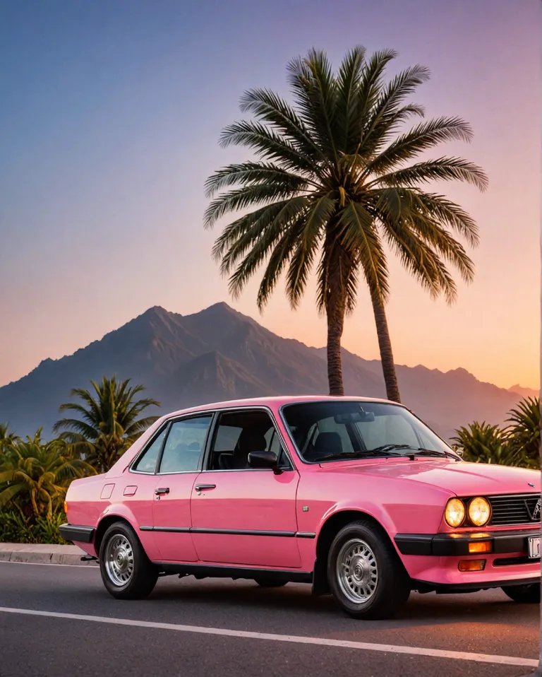 Car, neon, 80's, synthwave, palm trees, night, sea