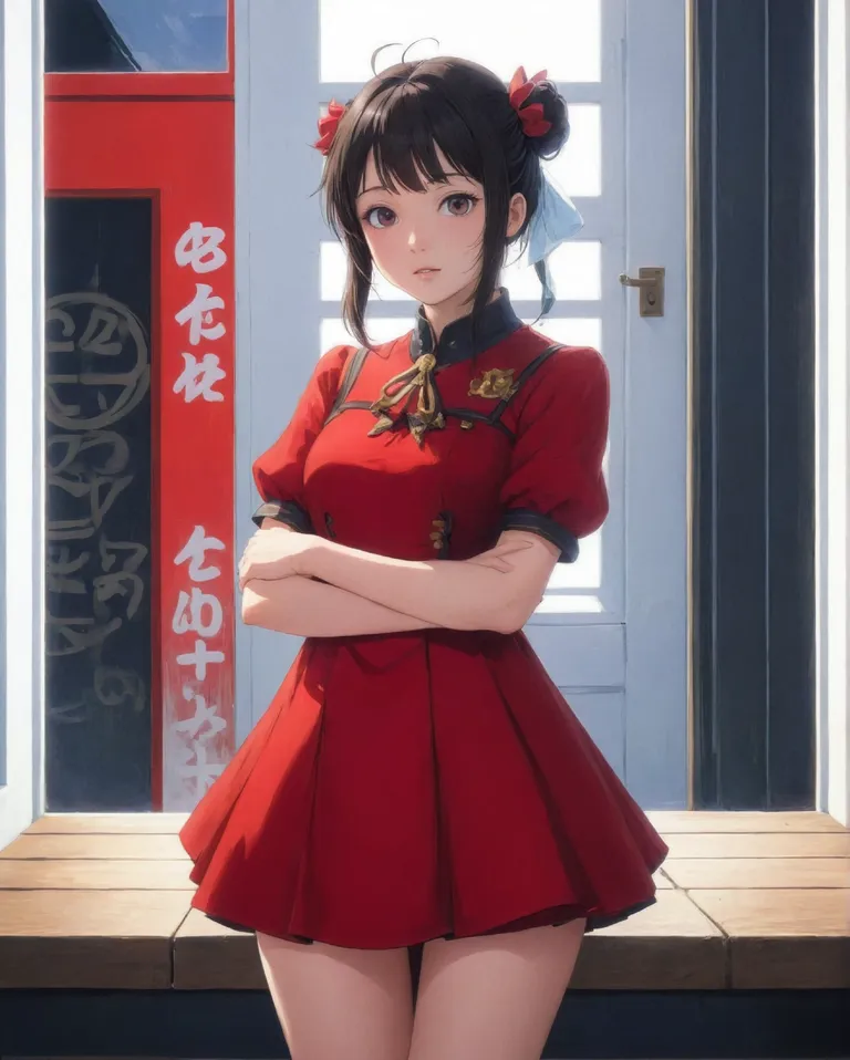 a woman in a red outfit standing in front of a store window with her arms crossed and her legs crossed, Dorothy Coke, rayonism, anime art, cyberpunk art