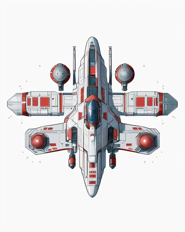 Starfinder style, illustration, detailed illustration, 2D, concept art style, 2D illustration, starship, spaceship, top-down perspective, starship, white and a small amount of red colour scheme, slightly UFO inspired, satellite inspired starship, large turret on top 