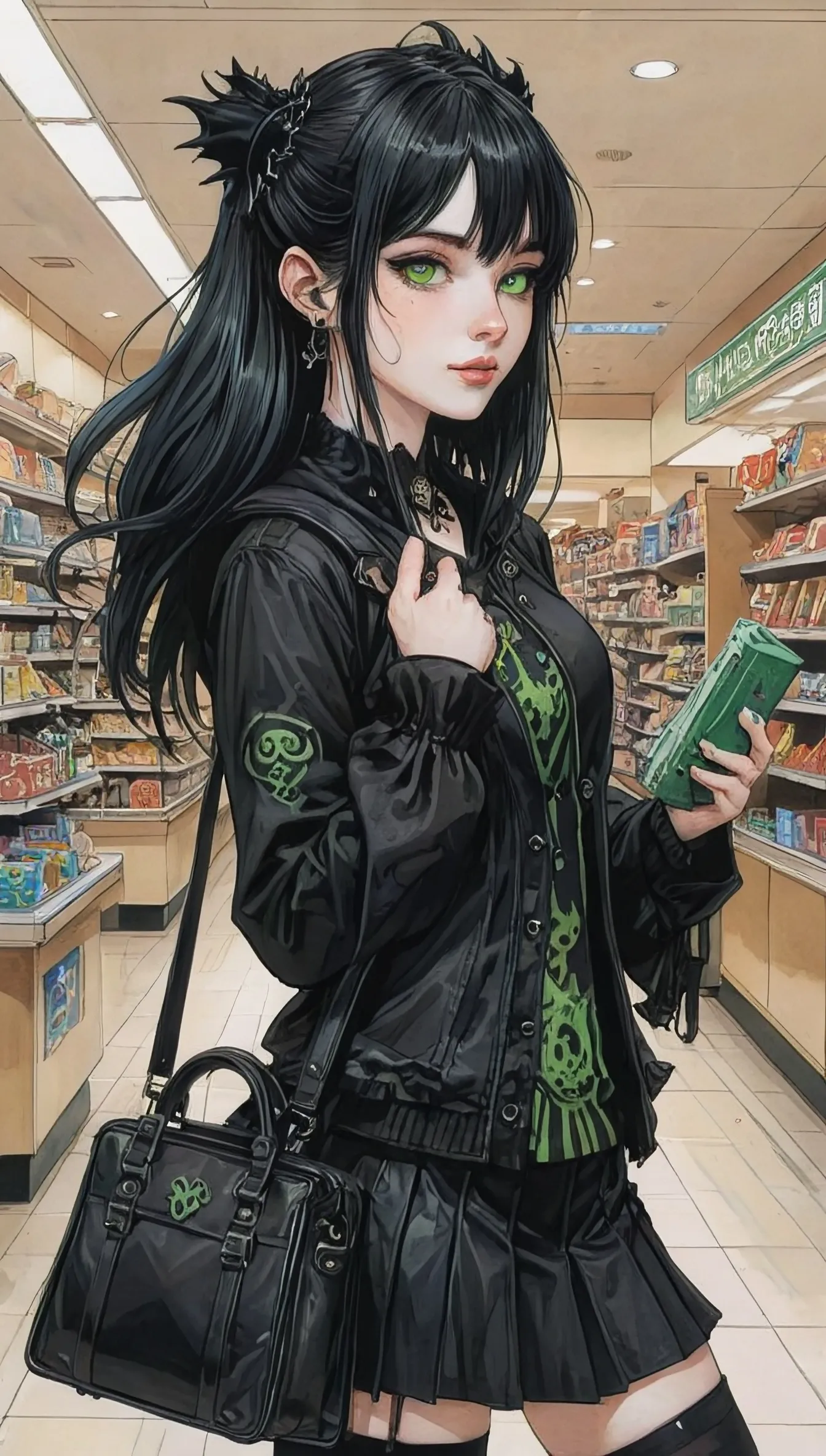 A side view of a ((goth gamer girl)) shopping at the mall. She has bright green eyes, black hair and pale skin with a big grin. She is (walking) along carrying a purse. Alan Lee, Arthur Rackham, Stephen Gammel, dark fantasy, extremely detailed, detailed, mordvarg, beautiful face, dynamic pose, beautiful eyes, perfect composition, intricate details, horror,