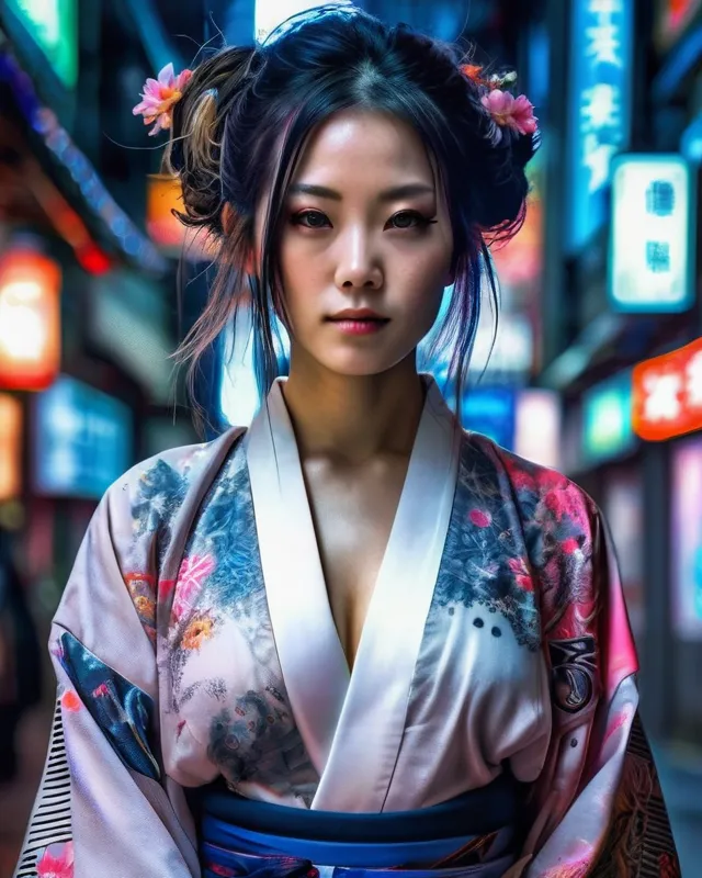 Pretty Japanese woman, 27, shoulder length hair, dark blue eyes, wearing a kimono. Neon tattoos are visible on her legs through her clothes. Background is a cyberpunk city on the moon.  best quality, award winning ai art, 8k Intricate Details, Hyper Detailed, Jean Baptiste Monge, Carne Griffiths, Michael Garmash, Seb Mckinnon, Jeremy Mann impressionism, hyperrealism, fantasy art, concept art
