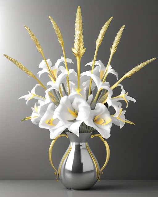 Creat a 3D image of white, gold, silver and black gladiolas  with glittery baby breath on a charcoal background.