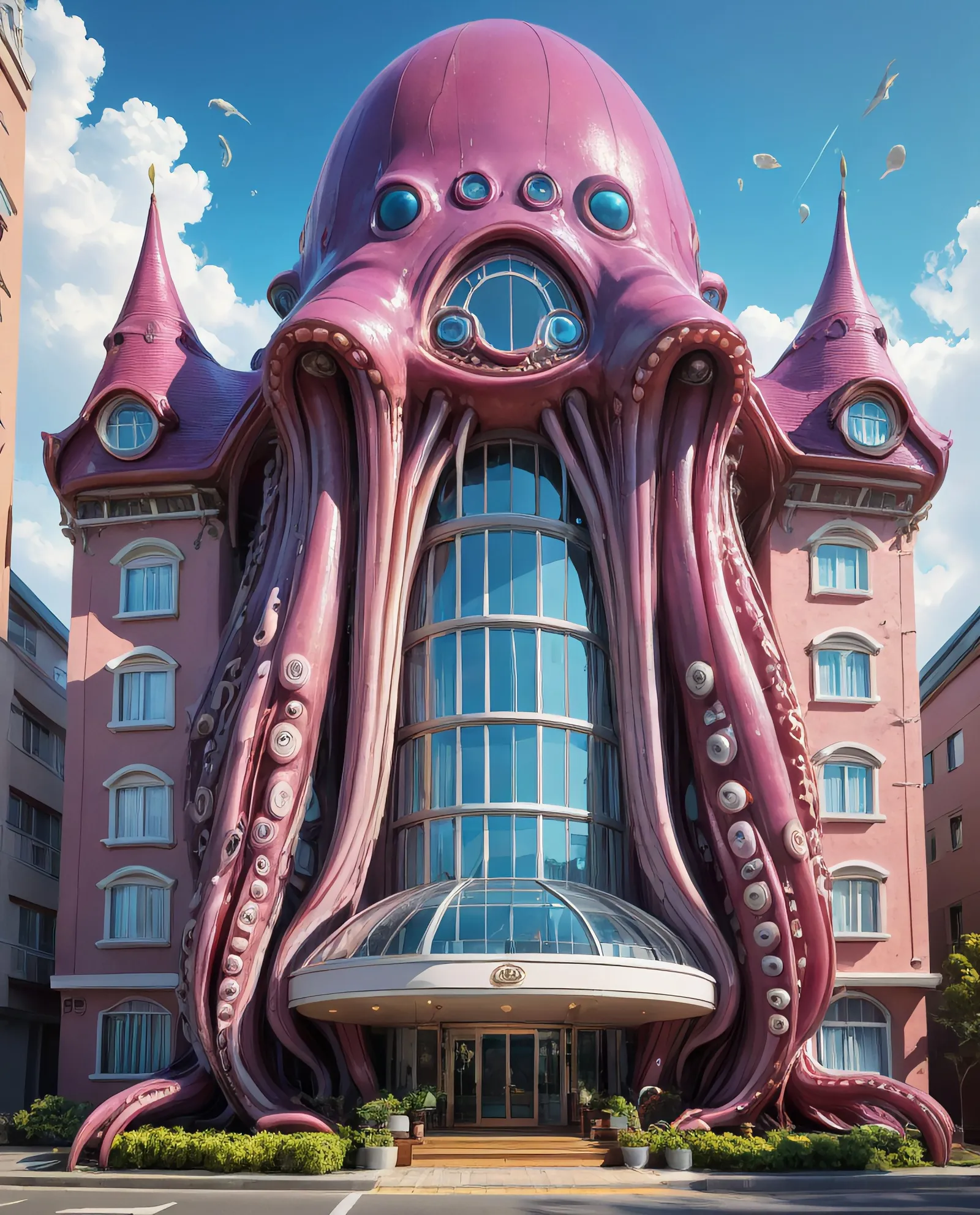 A hotel that looks like a giant squid! I squid shaped hotel, extremely and intricately detailed! Realistic, a giant squid with doors and windows, 24k res, 