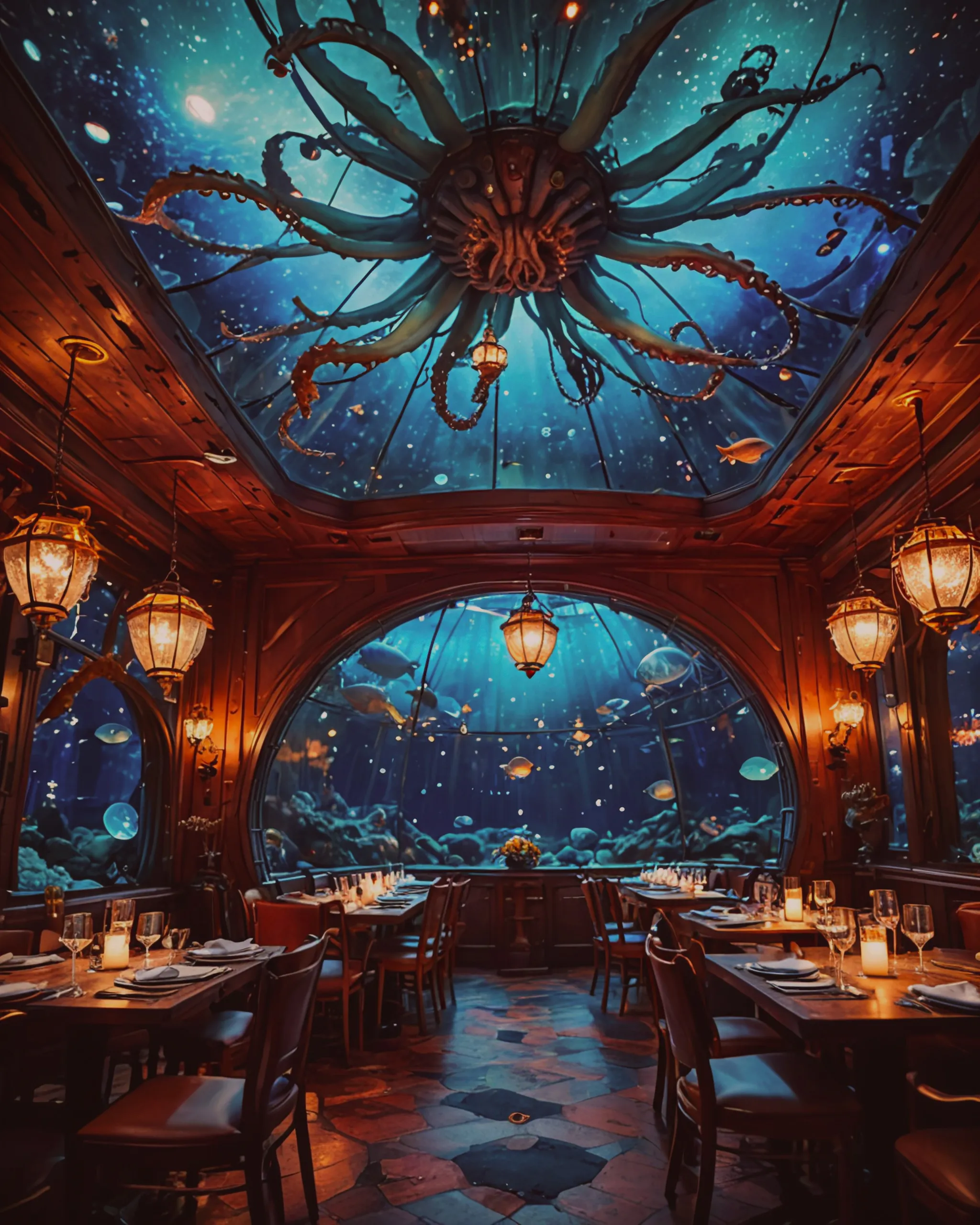 Kraken restaurant with nautical gourment fusion oceanic atmosphere authentic and enchanthing illuminated photo