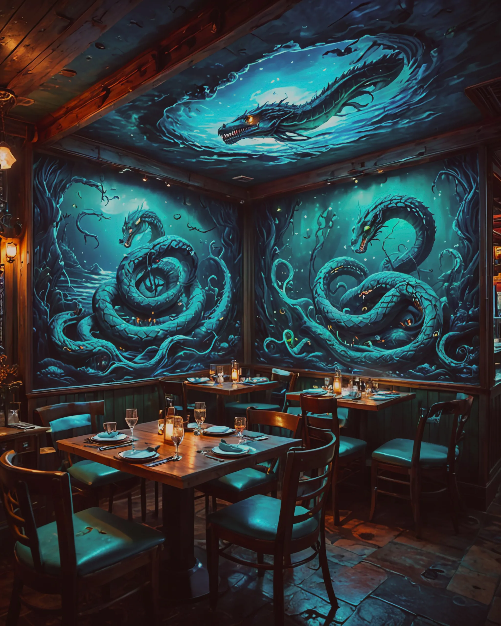 Kraken house restaurant with iconic illuminated background