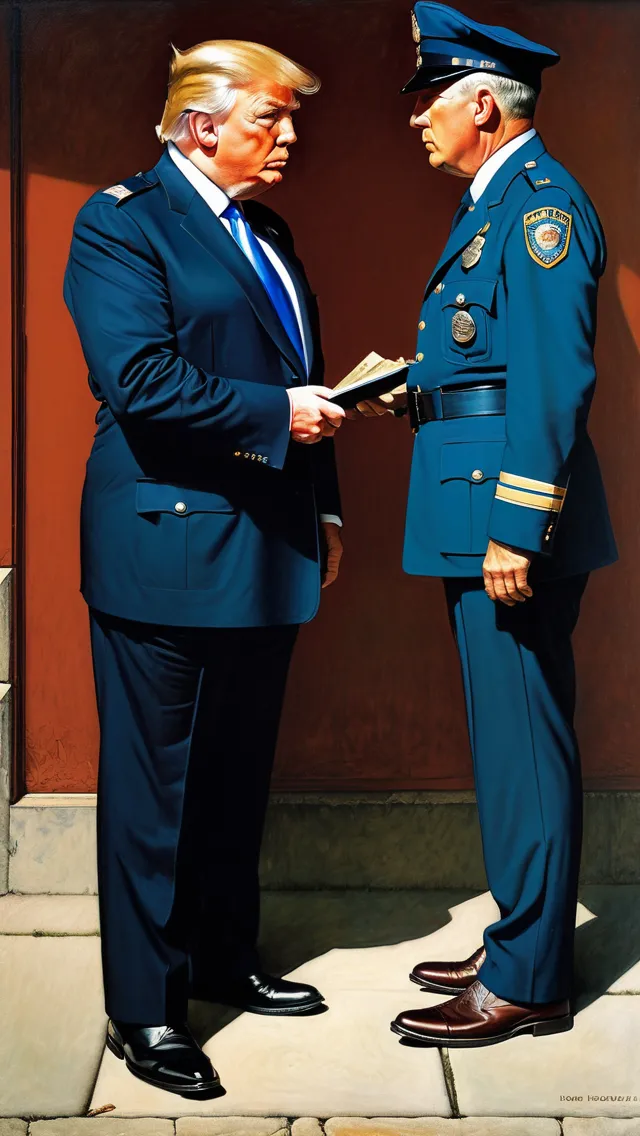 Two policemen are asking Trump for an Autograph, by Norman Rockwell, Al Onissis, Z. Beksinski, perfect composition, realistic shadows, bright colors, sharp focus 