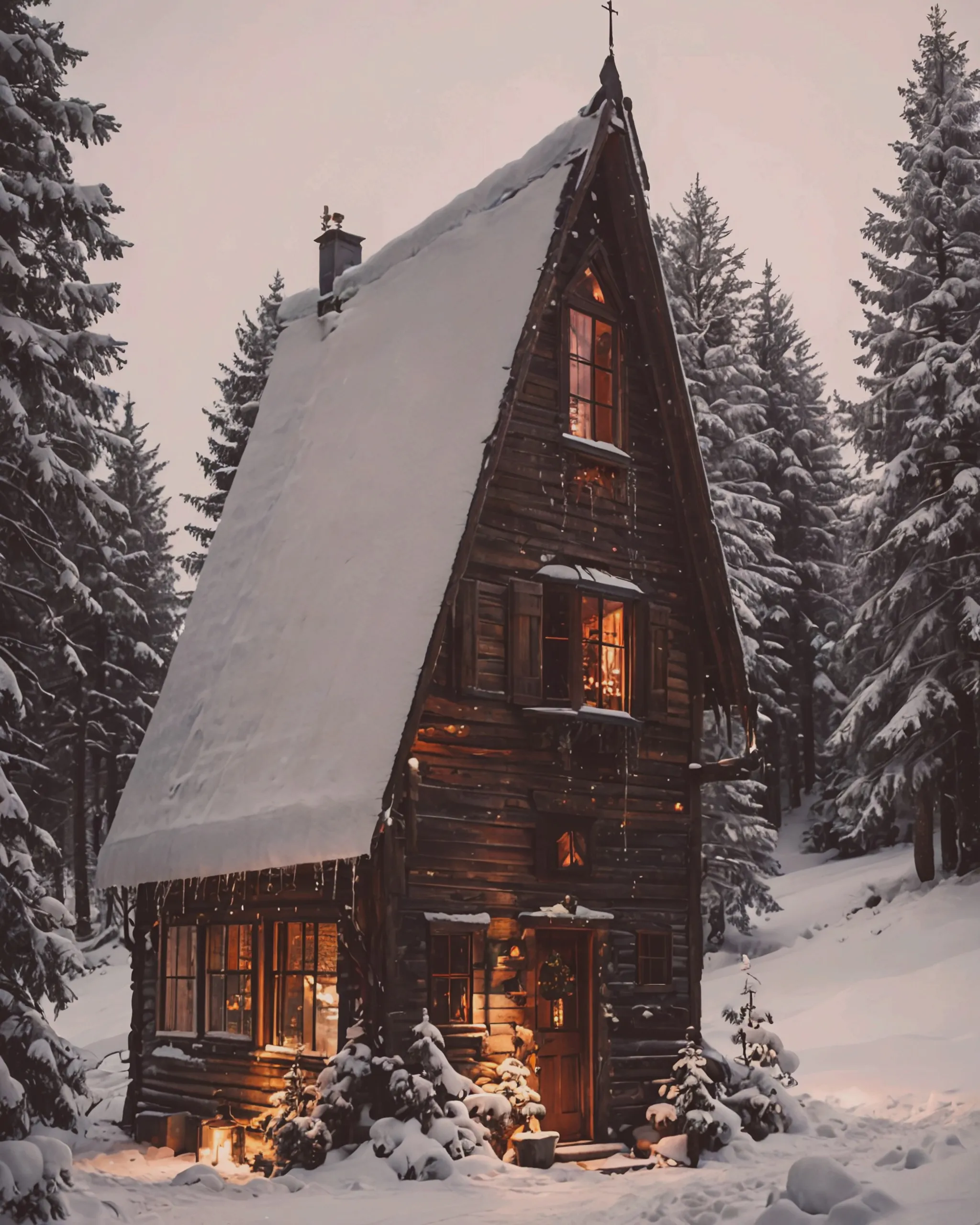 A snowy cabin