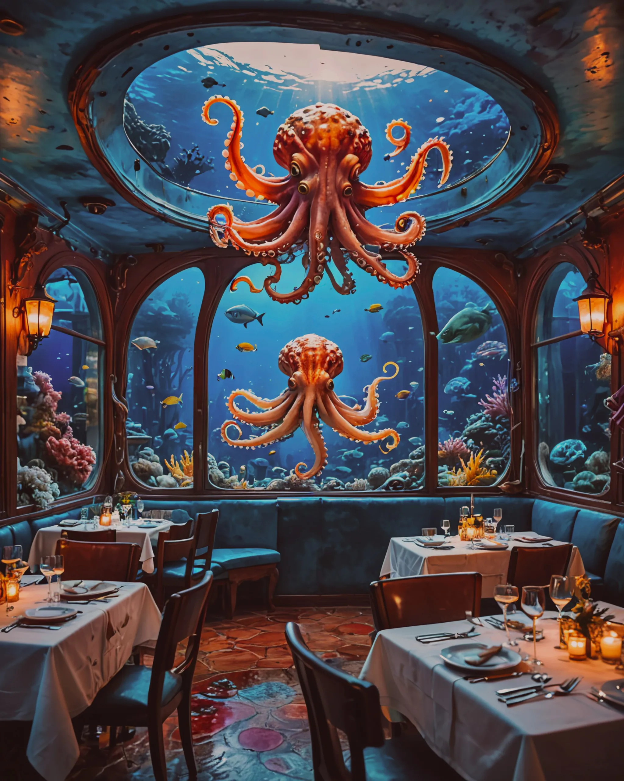 achada de hotel con adornos de calamares, hotel Calamari
A Submarine That Has Been Turned Into A Restaurant With The Theme Of An Octopus: An Octopus Head, Tentacles, Round Windows, Near A Beautiful Reef, Dynamically Lit, Ink And Watercolor Sketch