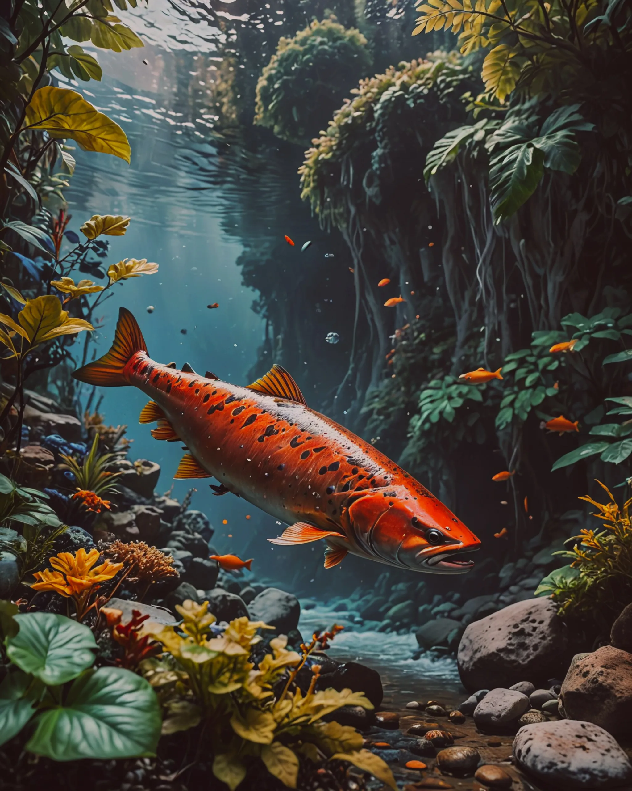 Salmon in a river, 8K 3D, Unsplash contest winner, 8k resolution, Hyperrealism