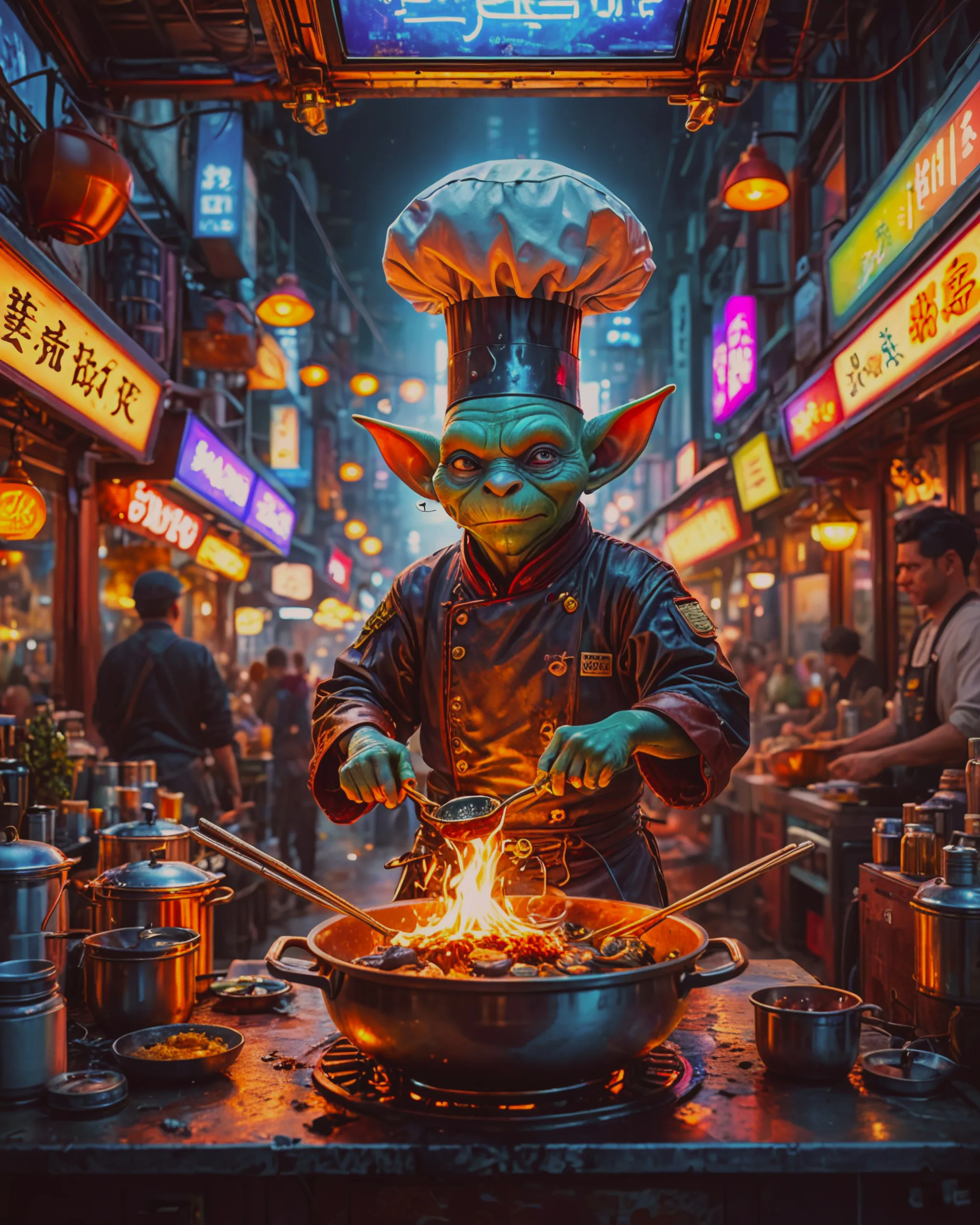 Goblin chef, cooking Chinese food, Tokyo Marketplace, steam punk, neon lights, hyper detailed, hyperrealism, beautiful,  colorful, cosmic, futuristic,  ultramodern, detailed, golden hour,  iridescent, vibrant, mark brooks,  digital painting,  hyperrealism, surrealism,  octane render, trending on artstation, futuristic, beautiful, meticulous, perfect