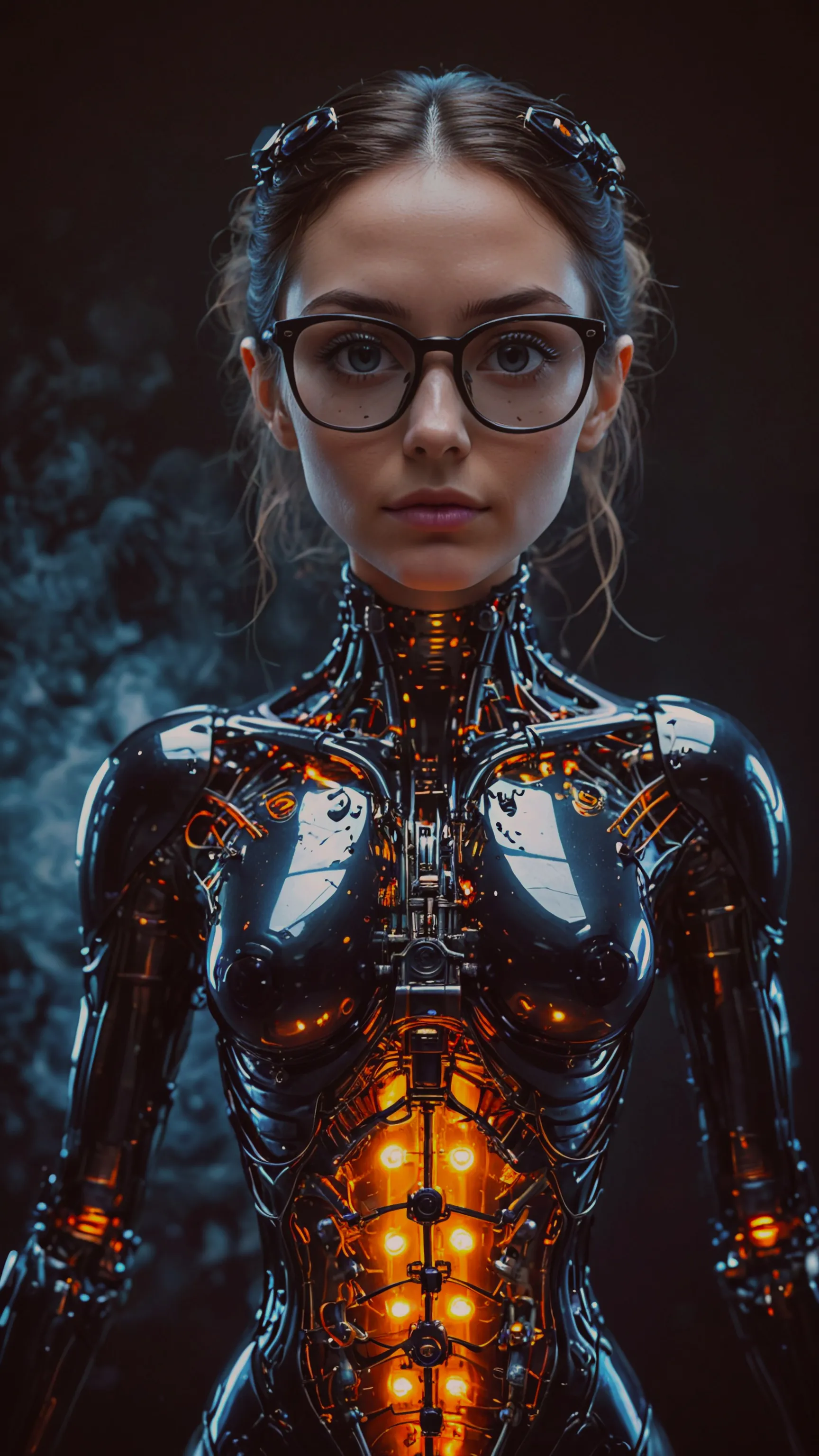 Mechanical Hybrid infused with jelly led glowing substance as a School Teacher, full body portrait, Hybrid comes with thick black glasses: respectable by her students, sharp focus, 8k, masterpiece 