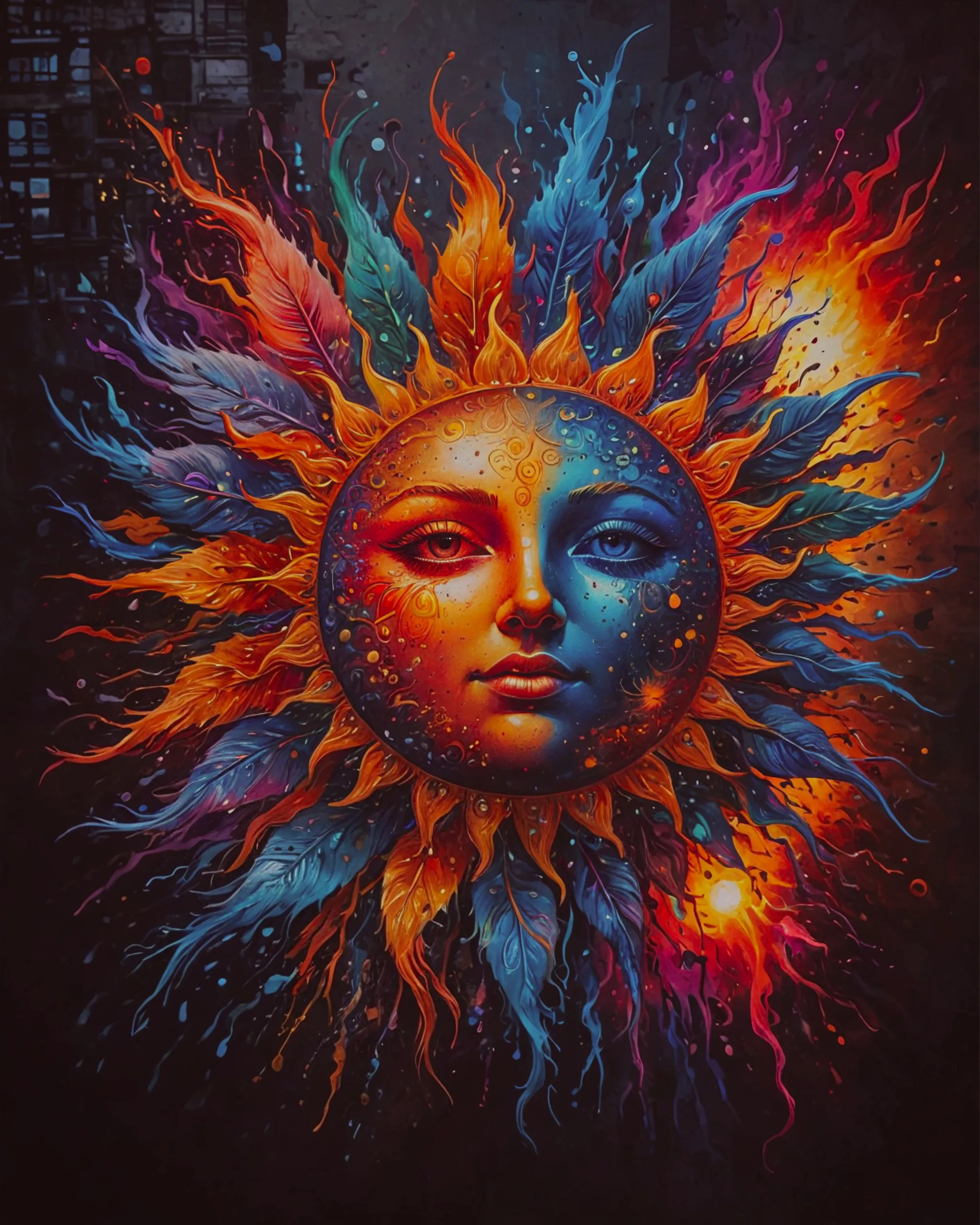 Colorful micron pen illustration of a flaming sun.  Graffiti style.  Attractive design.  Intricately detailed. Rainbow color scheme.
