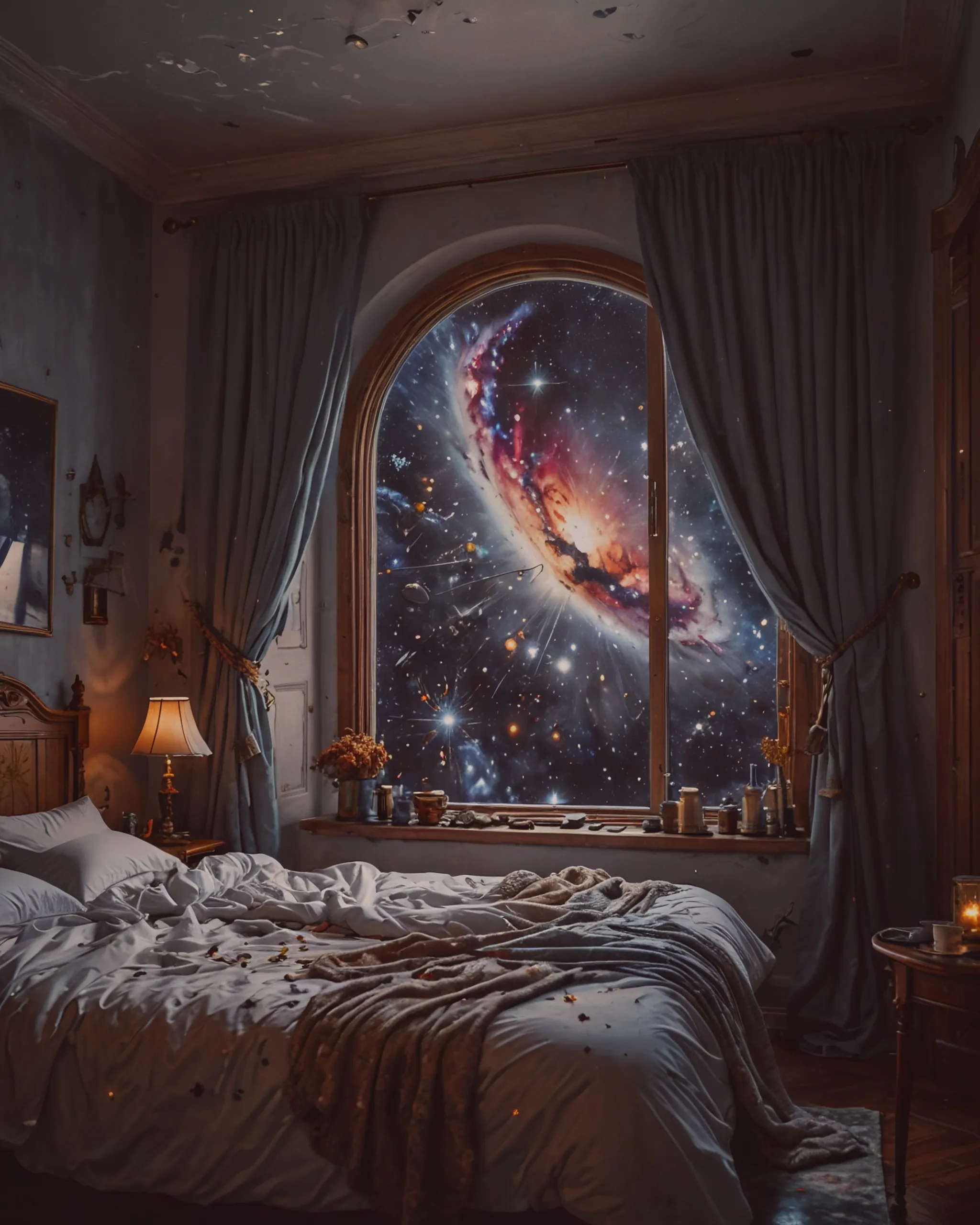 A alternative universe peeking through a window in a bedroom