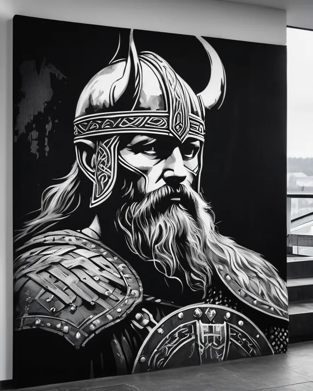 Viking painting on a wall of a building, black and white with grey inside creating a beautifully painted image 