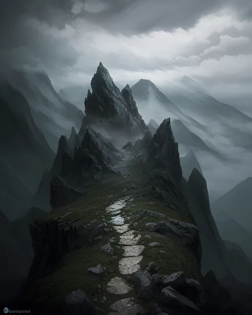eerie mountain peak partially fog - Free AI Photo Generator - starryai