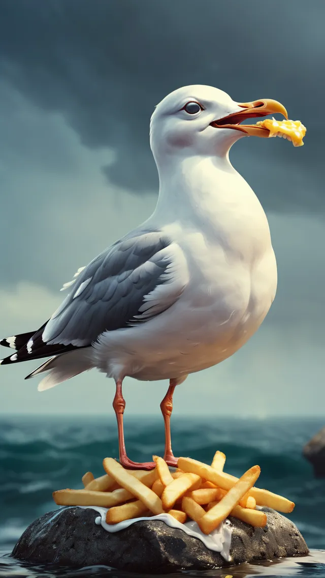 stunning image of a cute adorable wacky seagull standing on a rock in the ocean eating fries, moody, grainy, noisy, concept art, by Alberto Seveso, Cyril Rolando, Dan Mumford, Meaningful Visual Art, Detailed Painting, Digital Illustration, Unreal Engine 5, 32k maximalist, hyperdetailed fantasy art, 3d digital art, sharp focus, masterpiece, fine art