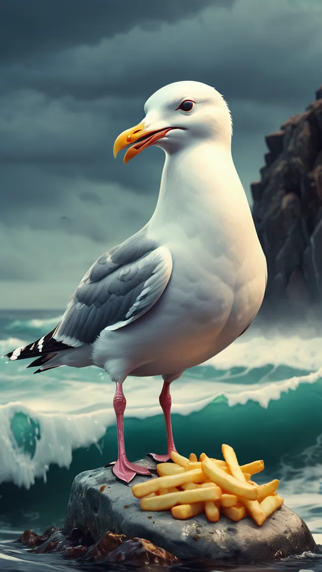 stunning image of a cute adorable wacky seagull standing on a rock in the ocean eating fries, moody, grainy, noisy, concept art, by Alberto Seveso, Cyril Rolando, Dan Mumford, Meaningful Visual Art, Detailed Painting, Digital Illustration, Unreal Engine 5, 32k maximalist, hyperdetailed fantasy art, 3d digital art, sharp focus, masterpiece, fine art