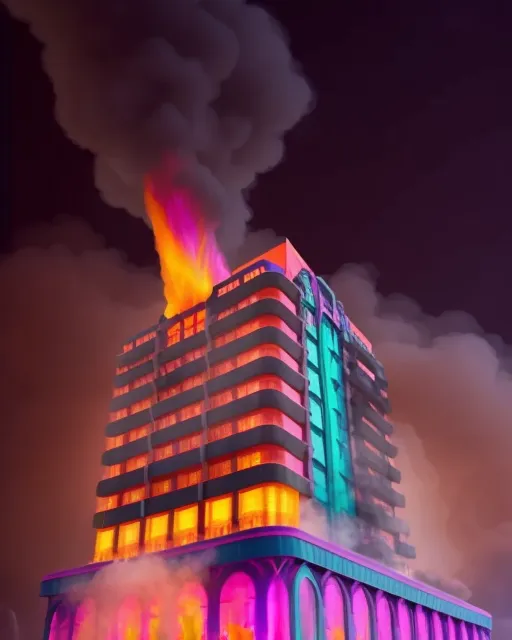 Colorful, maximalist modern glass motel in the mists. The hotel is entirely ablaze. It looks as though the entire building will burn down from the fire. There is fire shooting out everywhere. Flames burst out of the building's windows