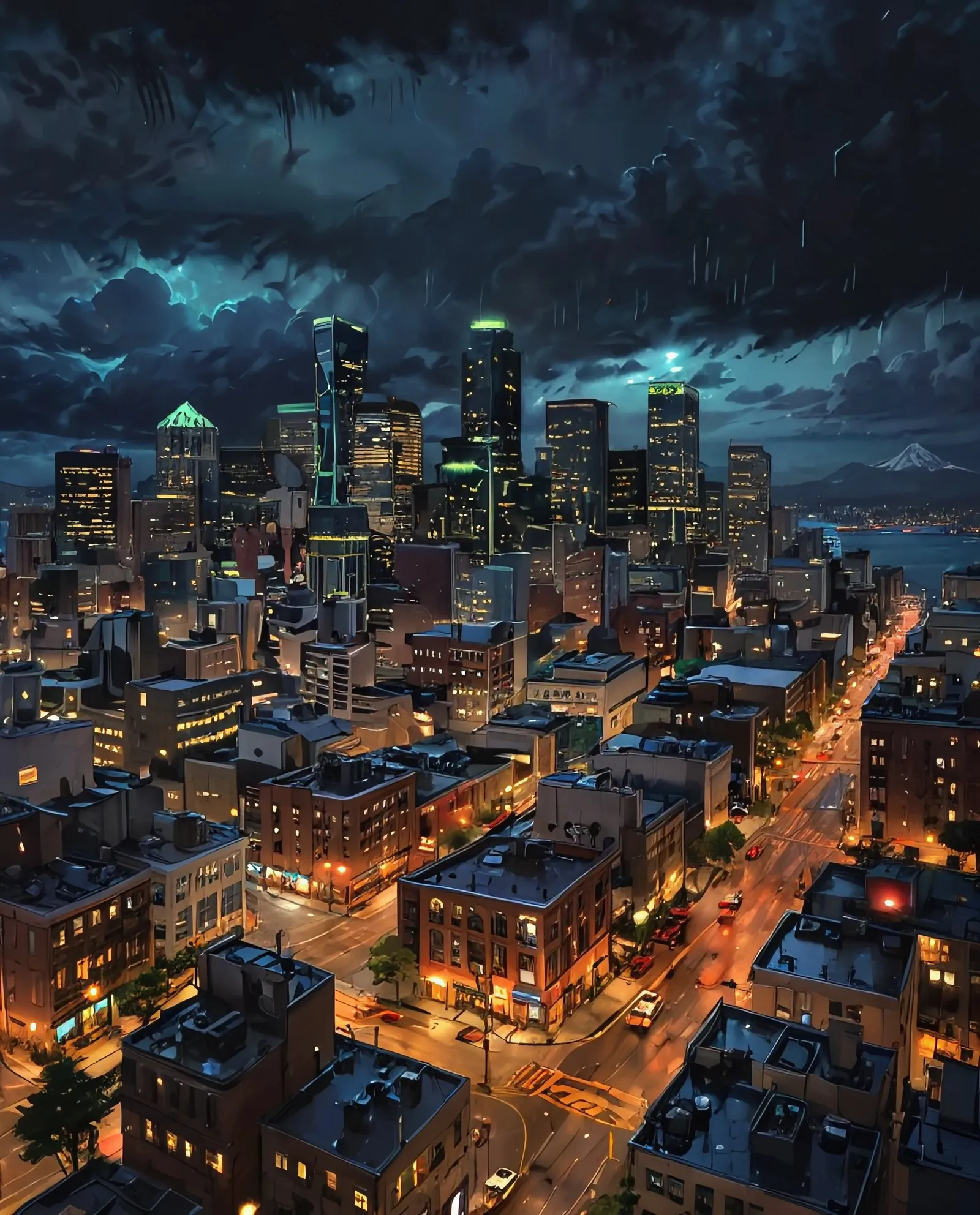Downtown Seattle at night, rainy - Free AI Photo Generator - starryai