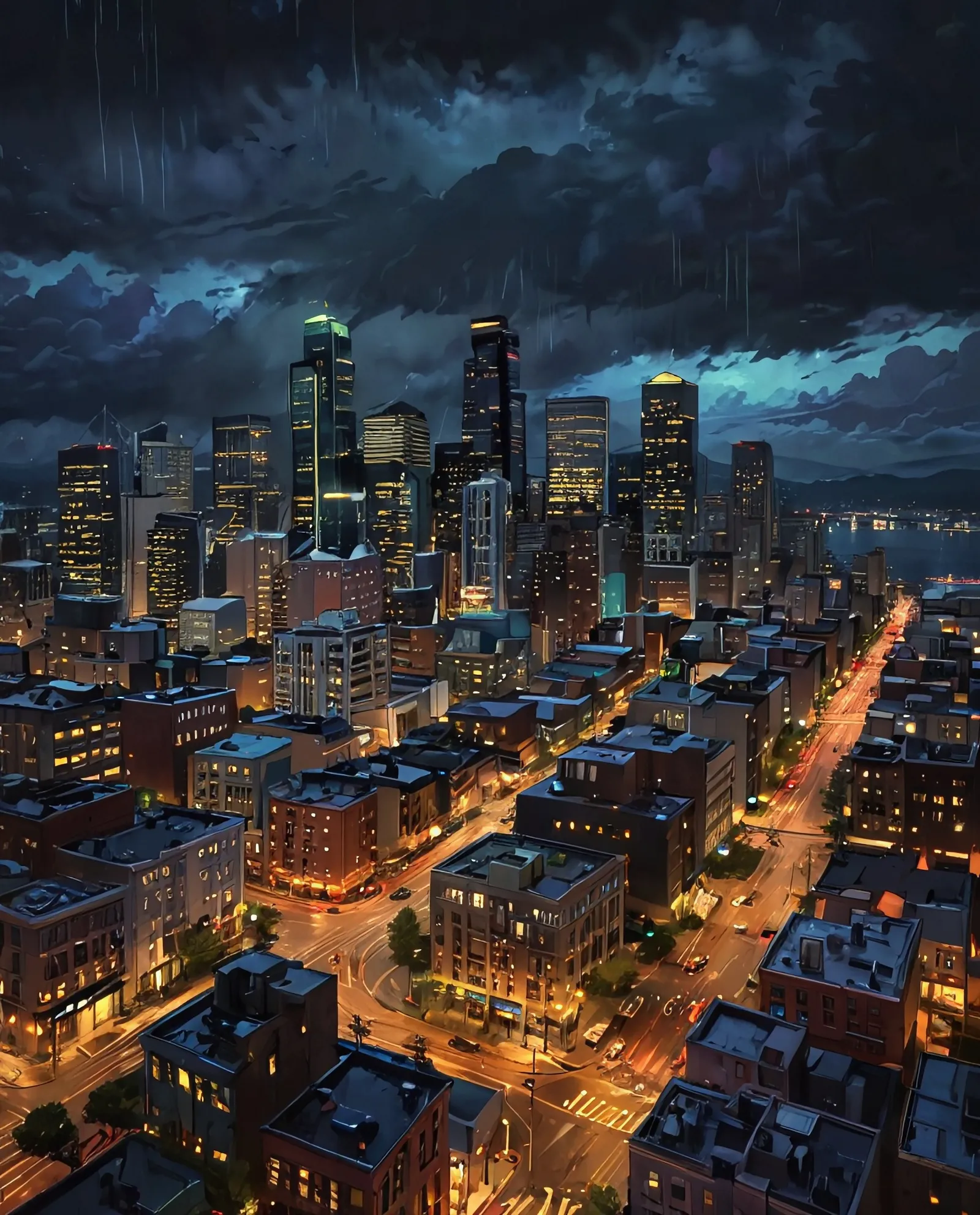 Downtown Seattle at night, rainy - Free AI Photo Generator - starryai