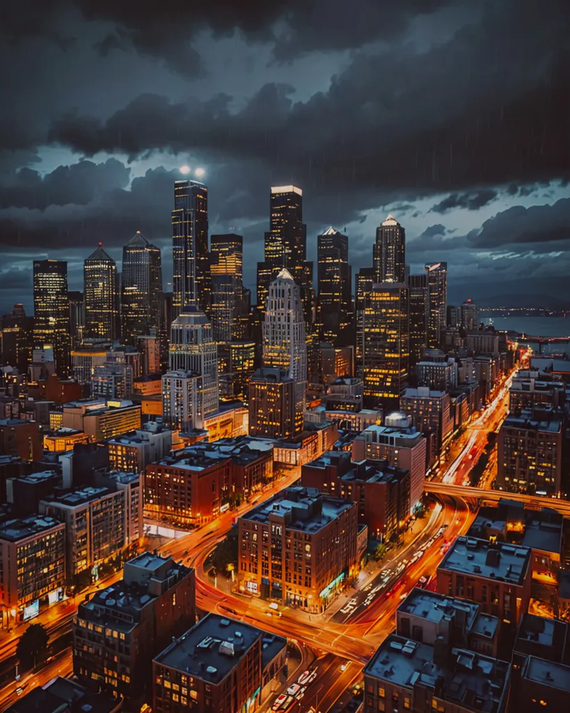 Downtown Seattle at night, rainy - Free AI Photo Generator - starryai