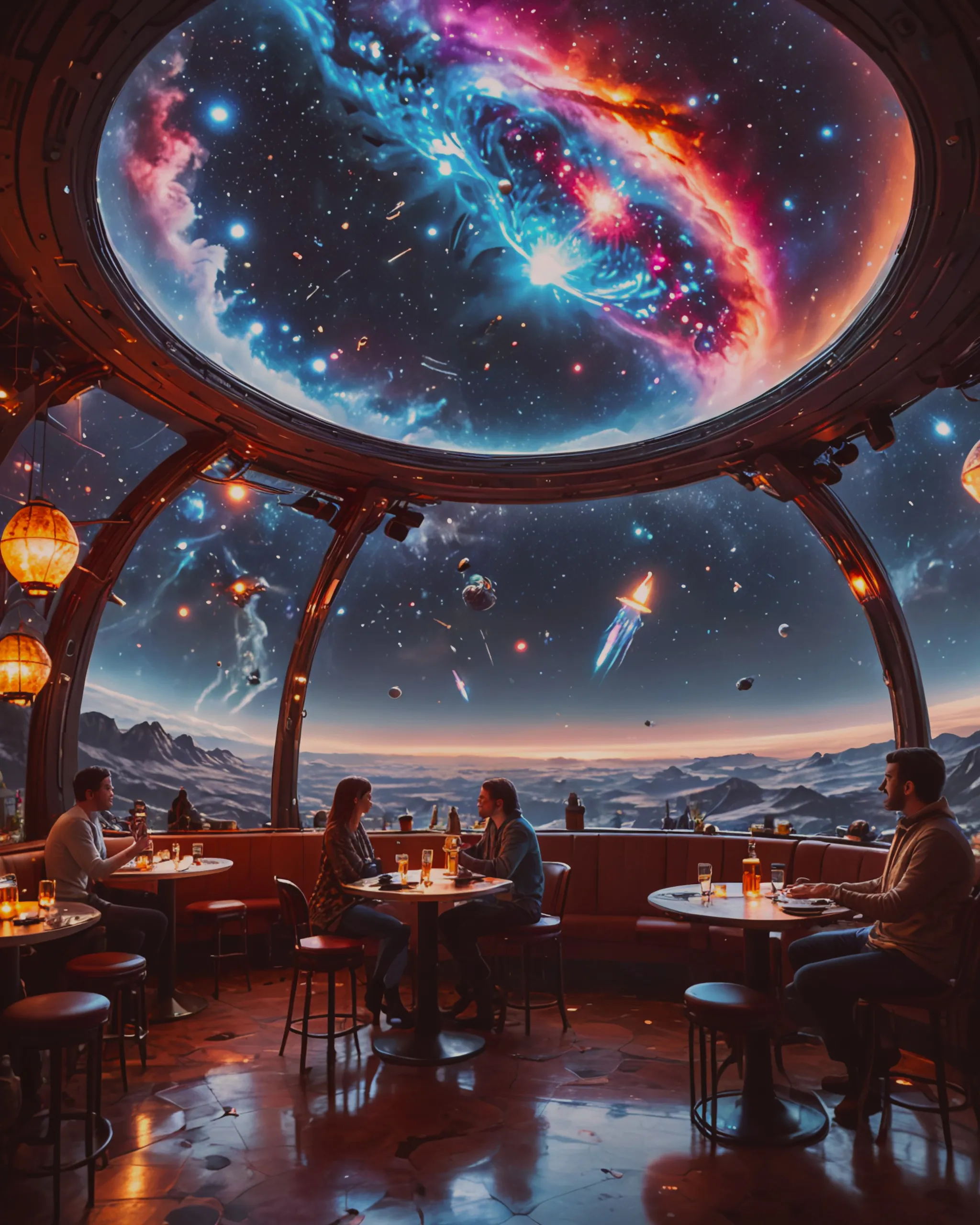 a bustling café set in outer space, floating among the stars and planets. The café is housed in a large, transparent dome, allowing customers to enjoy panoramic views of the cosmos as they sip on their cosmic concoctions.
Outside the dome, colorful nebulas swirl, distant galaxies twinkle, and shooting stars streak across the sky. Asteroids and space debris drift lazily by, adding to the otherworldly atmosphere.
customers sip on glowing drinks served in futuristic glasses, chat with friends from different galaxies, and marvel at the wonders of the cosmos unfolding before their eyes.