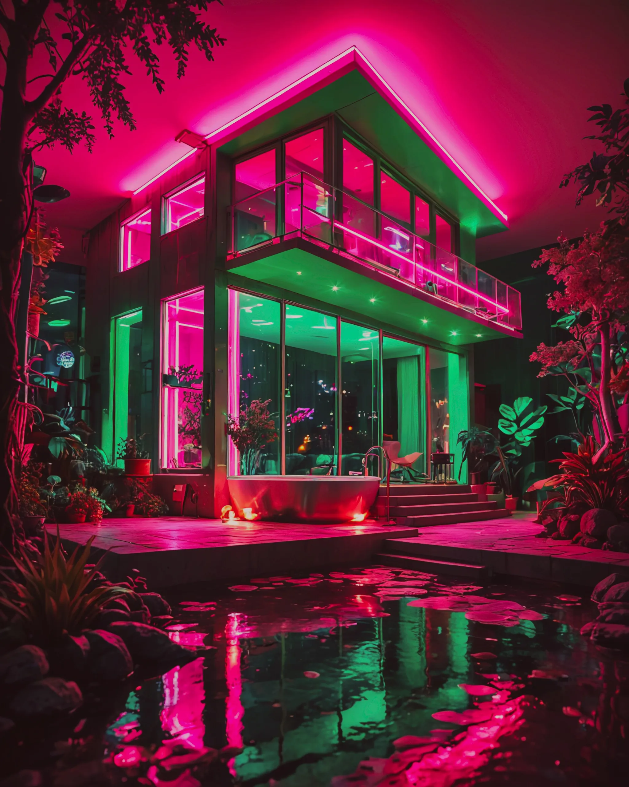 A house full of very bright glowing neon pink and green LED lights