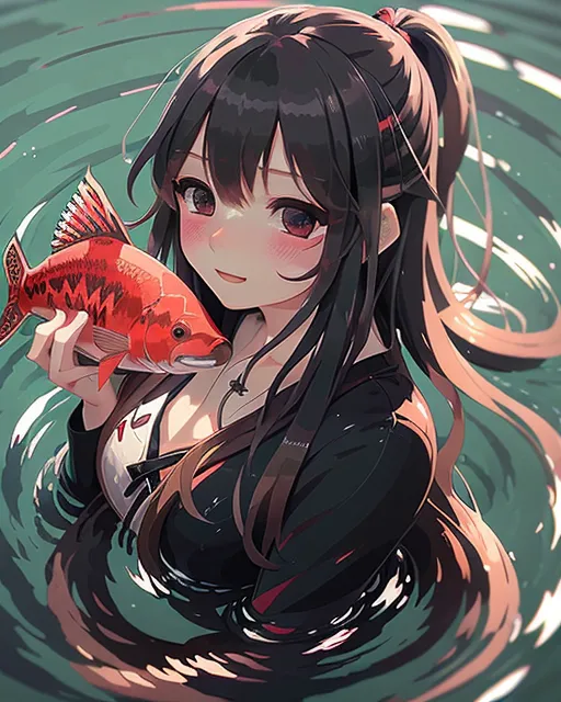 A girl with long hair, fish with big eyes swimming around, the predominant colors are black red white 