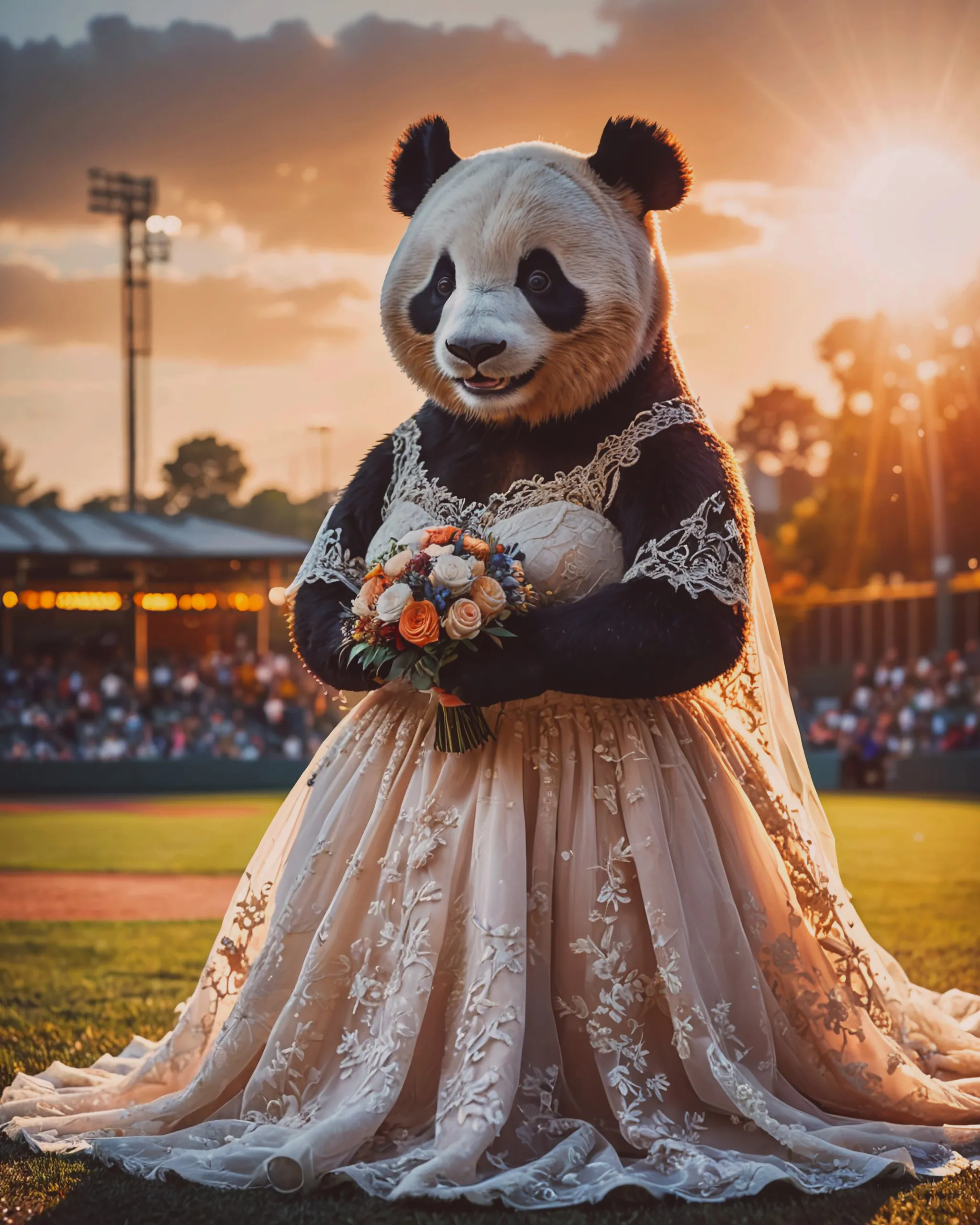 A portrait headshot of a happy giant panda in a wedding dress in front of a baseball field 