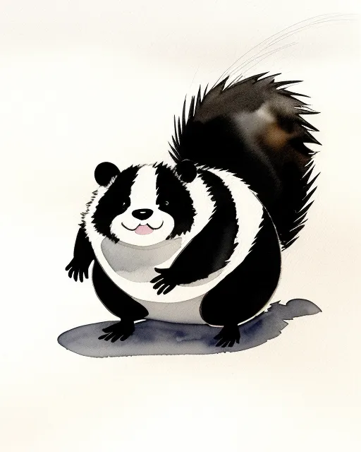 Black and white watercolor  characature drawing of an overweight skunk, exaggerated features, adorable, sketch lines for energy in the composition. 