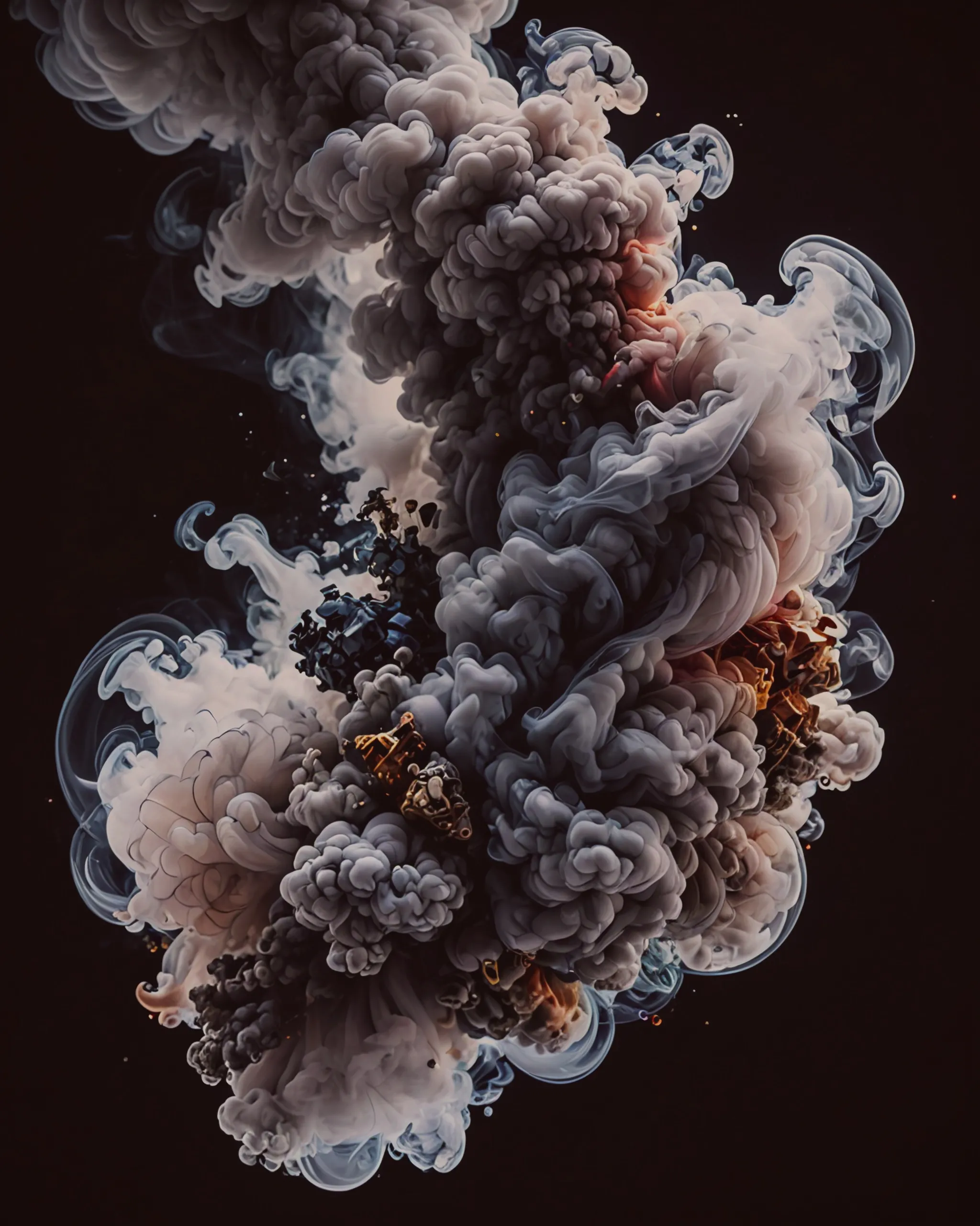 grey smoke curling over a rich black background in (intricate geometric filigree patterns) in high contrast, highly detailed, 4k resolution, smoke shapes, Fibonacci sequence, beautiful 